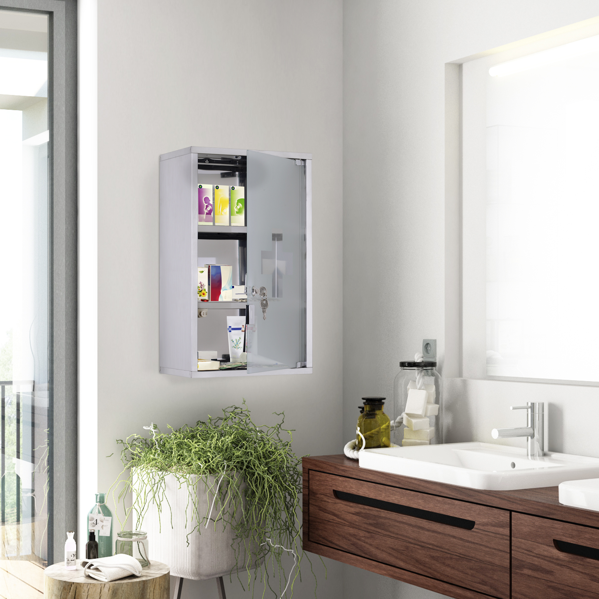Medizinschrank Arzneischrank aus Edelstahl, Abschließbar Medikamentenschrank mit 3 Fächern, Glastür Apothekerschrank zur Medikamenten-Aufbewahrung, 30 x 18 x 50 cm