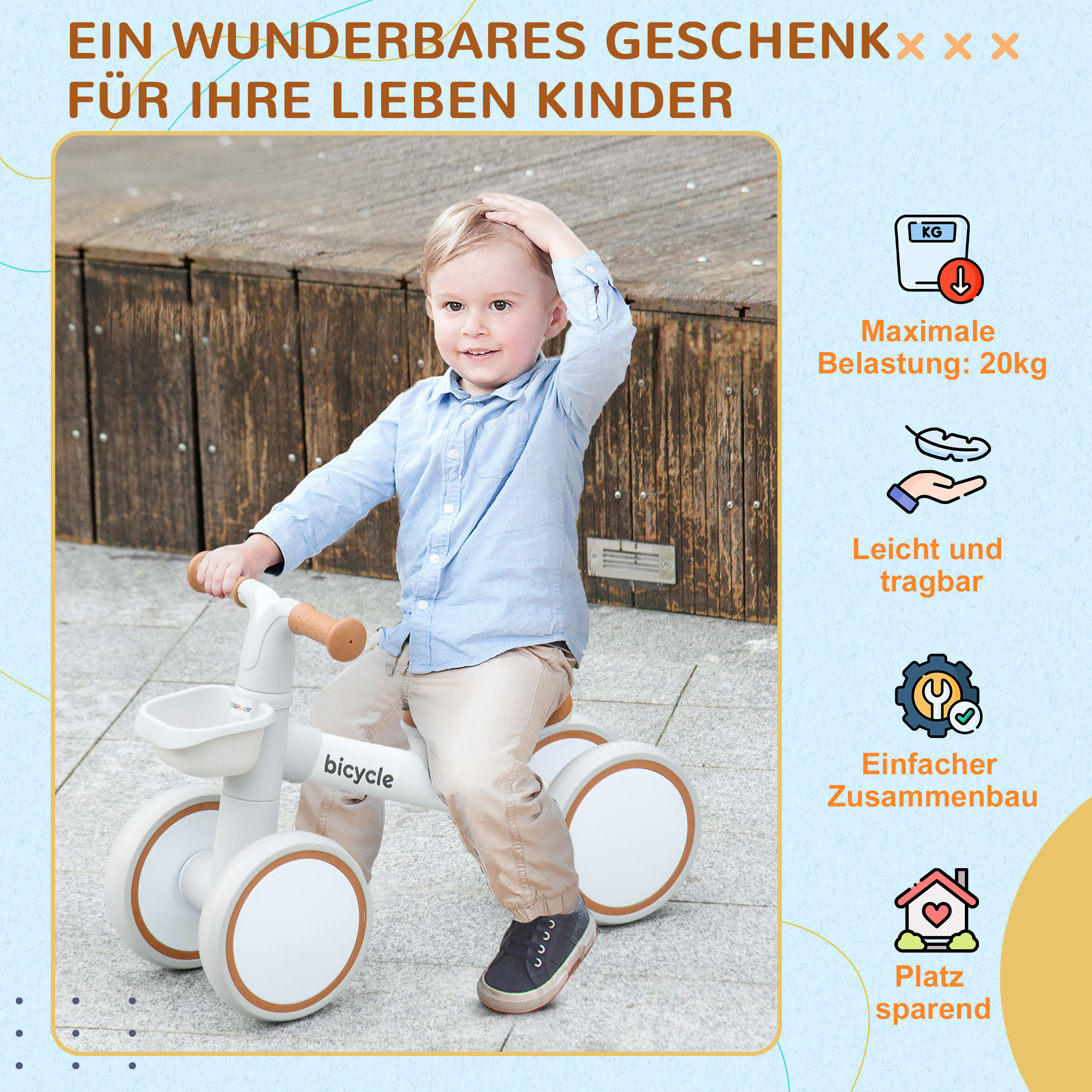 Laufrad, verstellbarer Sitz, Flüsterräder, für 1-3 Jahre, bis 20 kg, Braun/Weiß