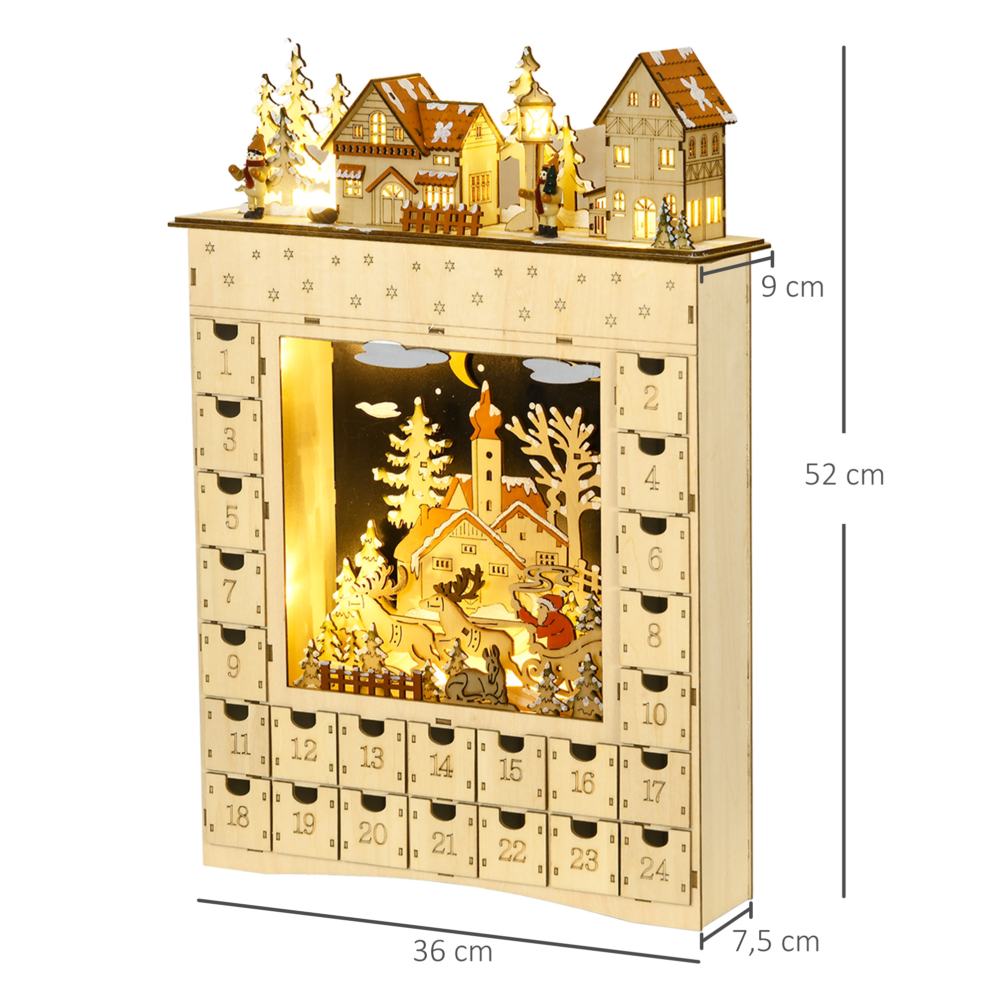 Adventskalender zum Befüllen 24 Schubladen Fächer Weihnachtskalender mit LED-Lichtern Naturholz 36 x 9 x 52 cm