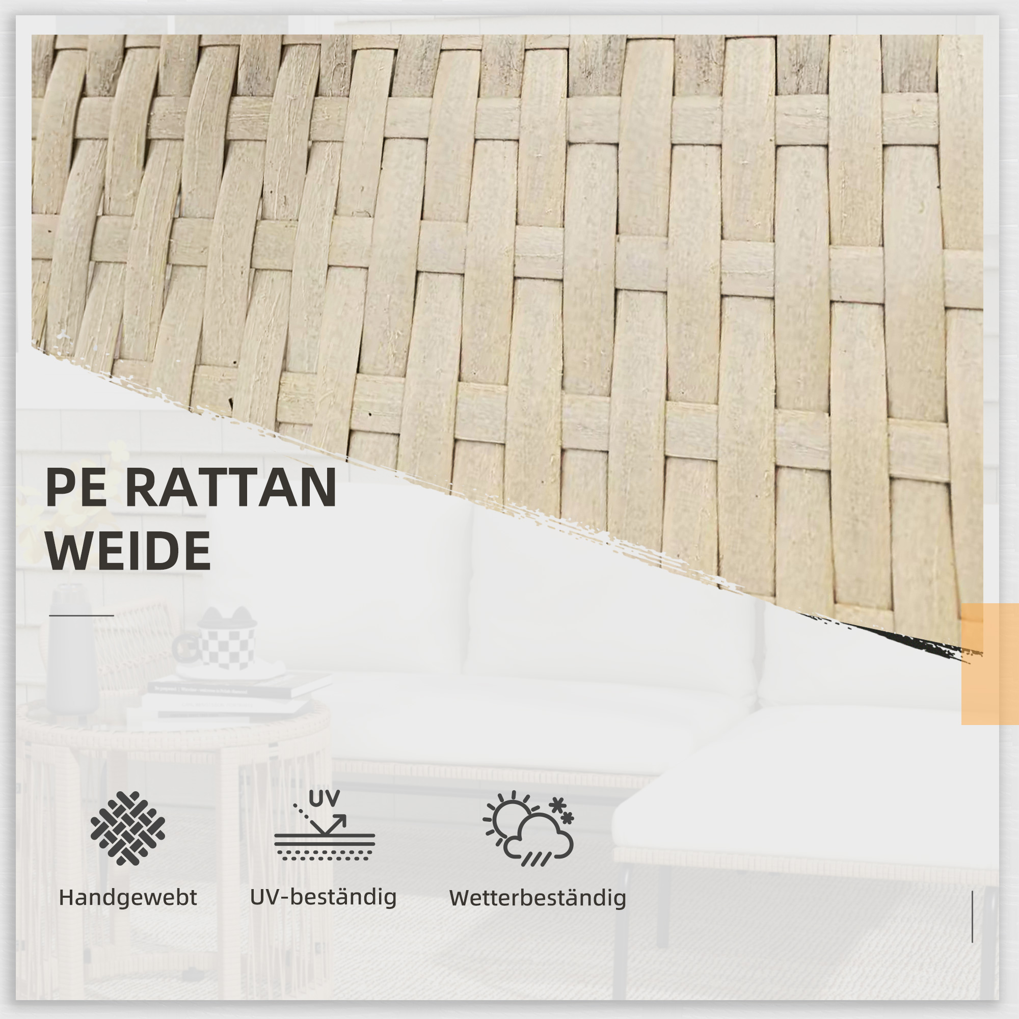 Gartensitzgrupp Loungemöbel-Set, PE Rattan, 122 x 79 x 75 cm, Natur + Cremweiß