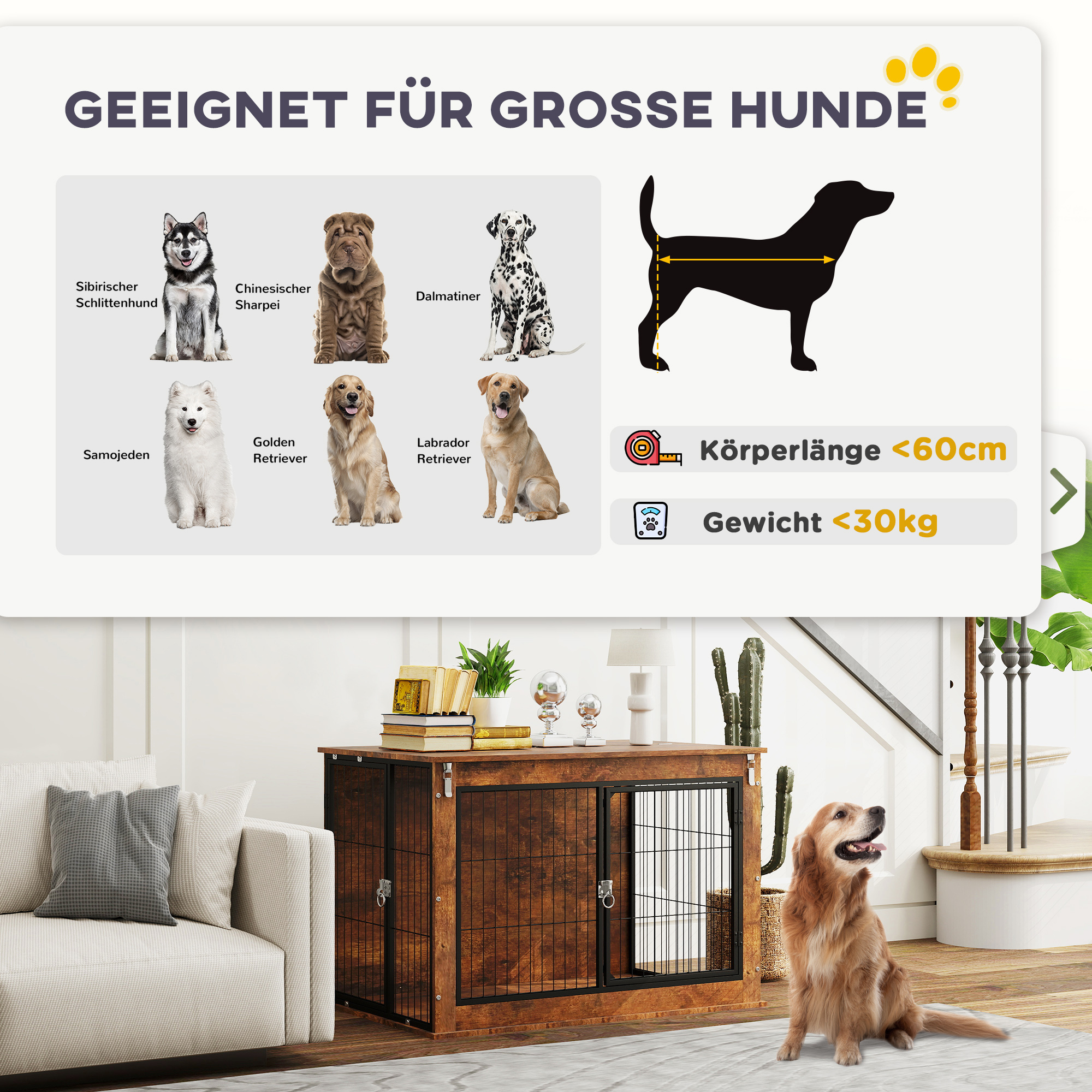 Hundebox, Transportbox für Hunde, Aufenthaltsbox, für Haustiere, 2 verschließbare Türen, 98 x 60 x 65,5 cm, Braun