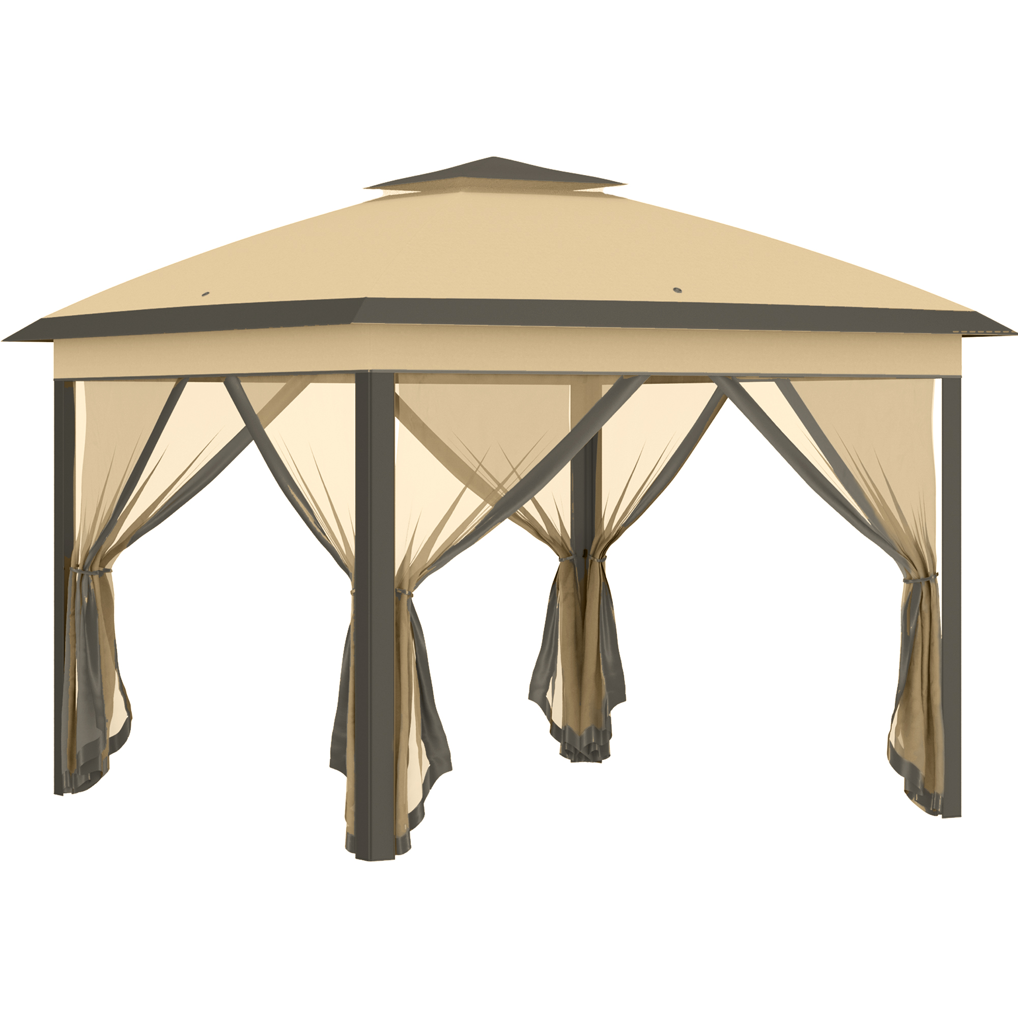 Faltpavillon, Gartenpavillon, Metall und Stoffplane, Netzvorhänge, Entwässerungslöcher, 330L x 330B x 288H cm, Beige