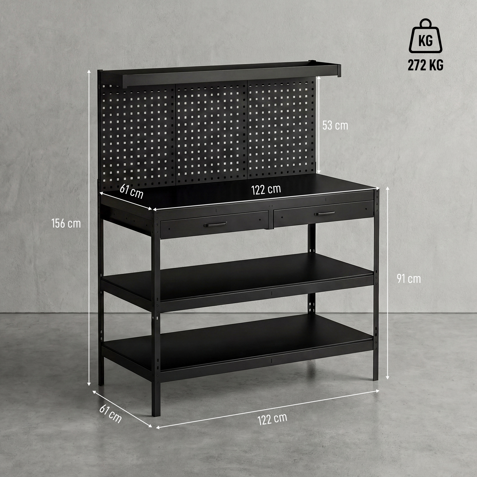 Werkbank mit verstellbaren Regalen, robuste Arbeitsstation mit Lochwand und 2 Schubladen, 122 x 61 x 156 cm, Schwarz