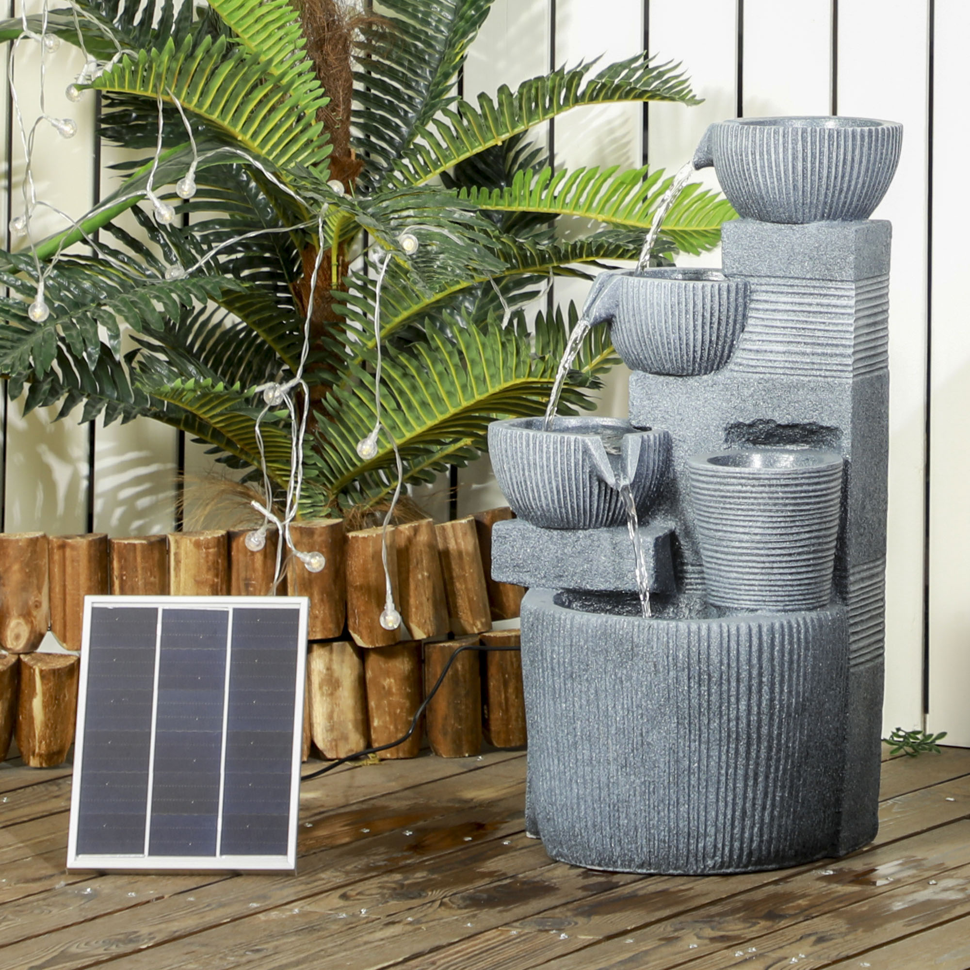 Gartenbrunnen, Naturoptik, 4-stufig, Solarbetrieb, LEDs, 57cm Höhe, Dunkelgrau