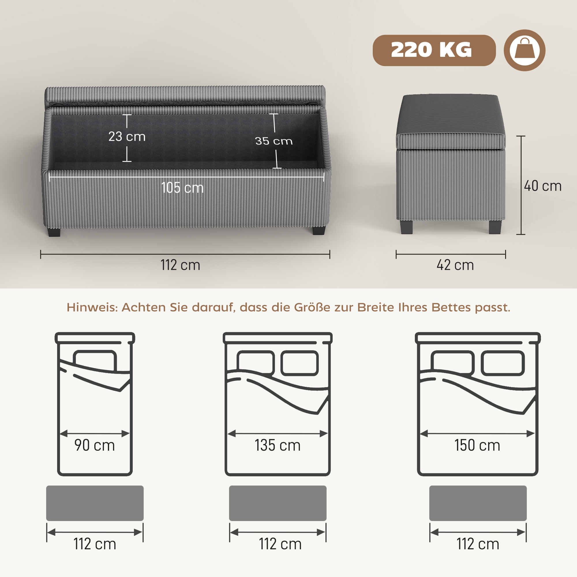 Sitzbank mit Stauraum, Polsterbank für Aufbewahrung, für Wohnzimmer, Schlafzimmer, Flur, Cordbezug, Grau