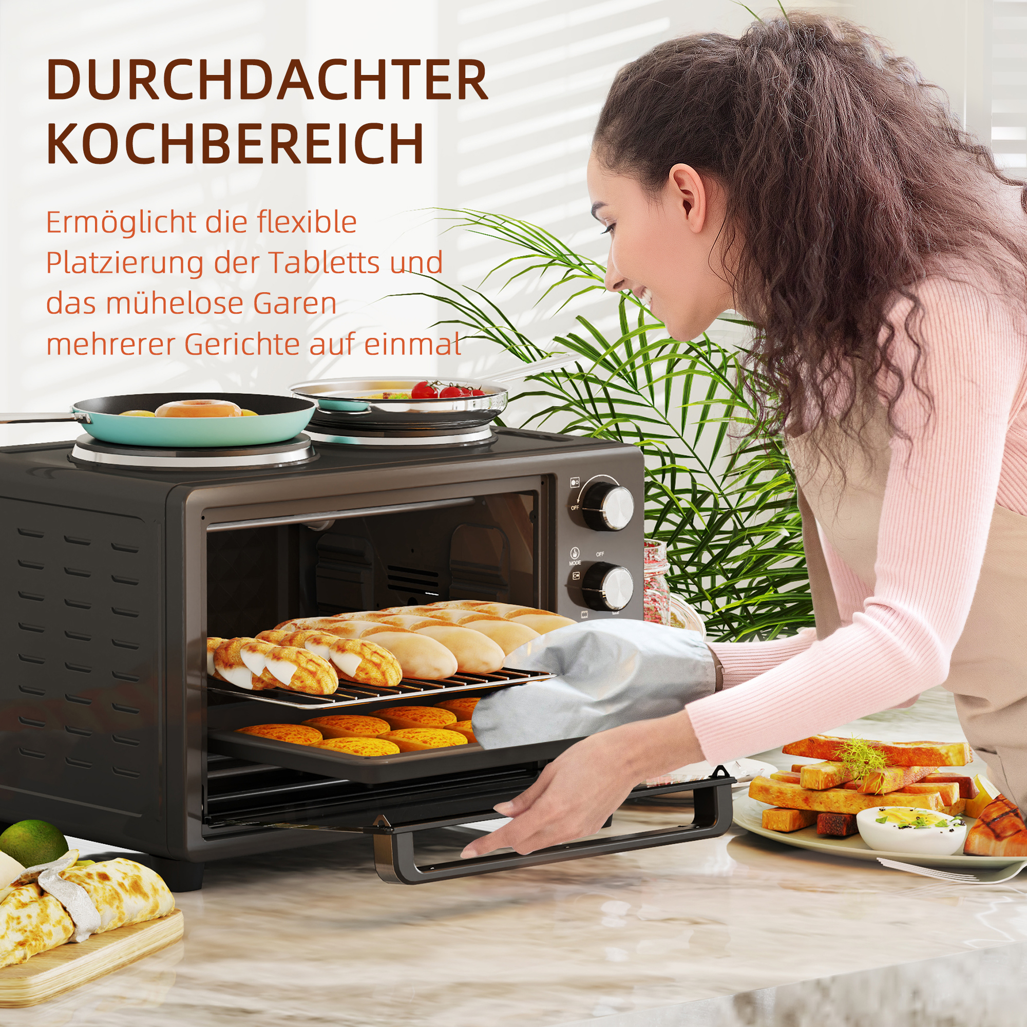 28 L Toasterofen, Kompakter Backofen zum Kochen und Grillen, Elektro-Ofen mit Backblech, Grillrost, 2600W, Schwarz