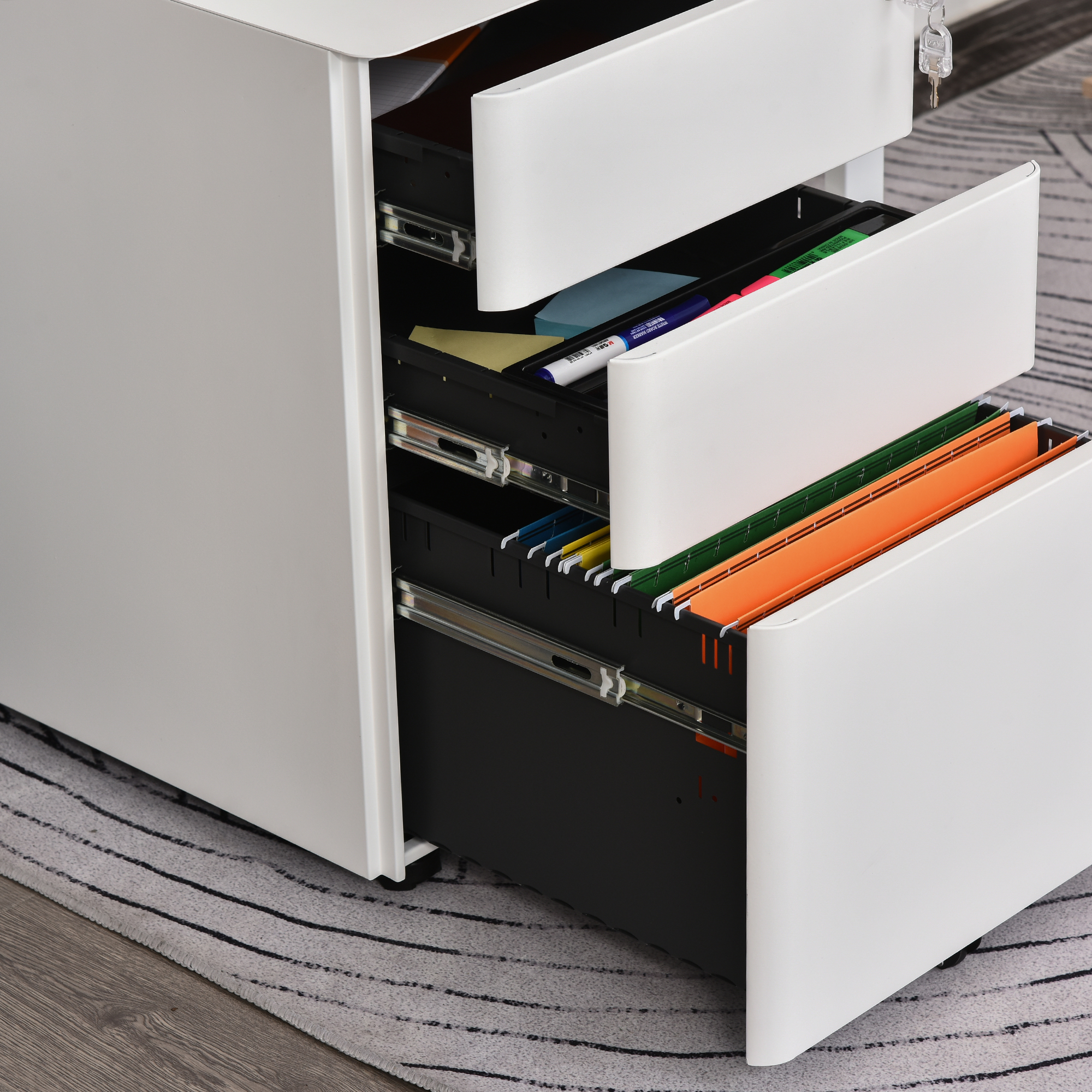 Rollcontainer, mobiler Aktenschrank mit 3 Schubladen, abschließbarer Büroschrank mit Hängeregistratur, Aufbewahrung, Stahl, 39 x 48 x 59 cm Weiß