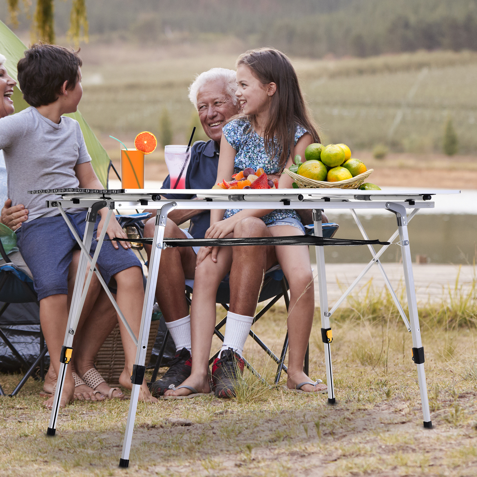 Picknick Klapptisch, Falttisch, Höhenverstellbarer Campingtisch, Inkl. Tragetasche, Aluminium, Silber, 120 x 69 x 59-78 cm