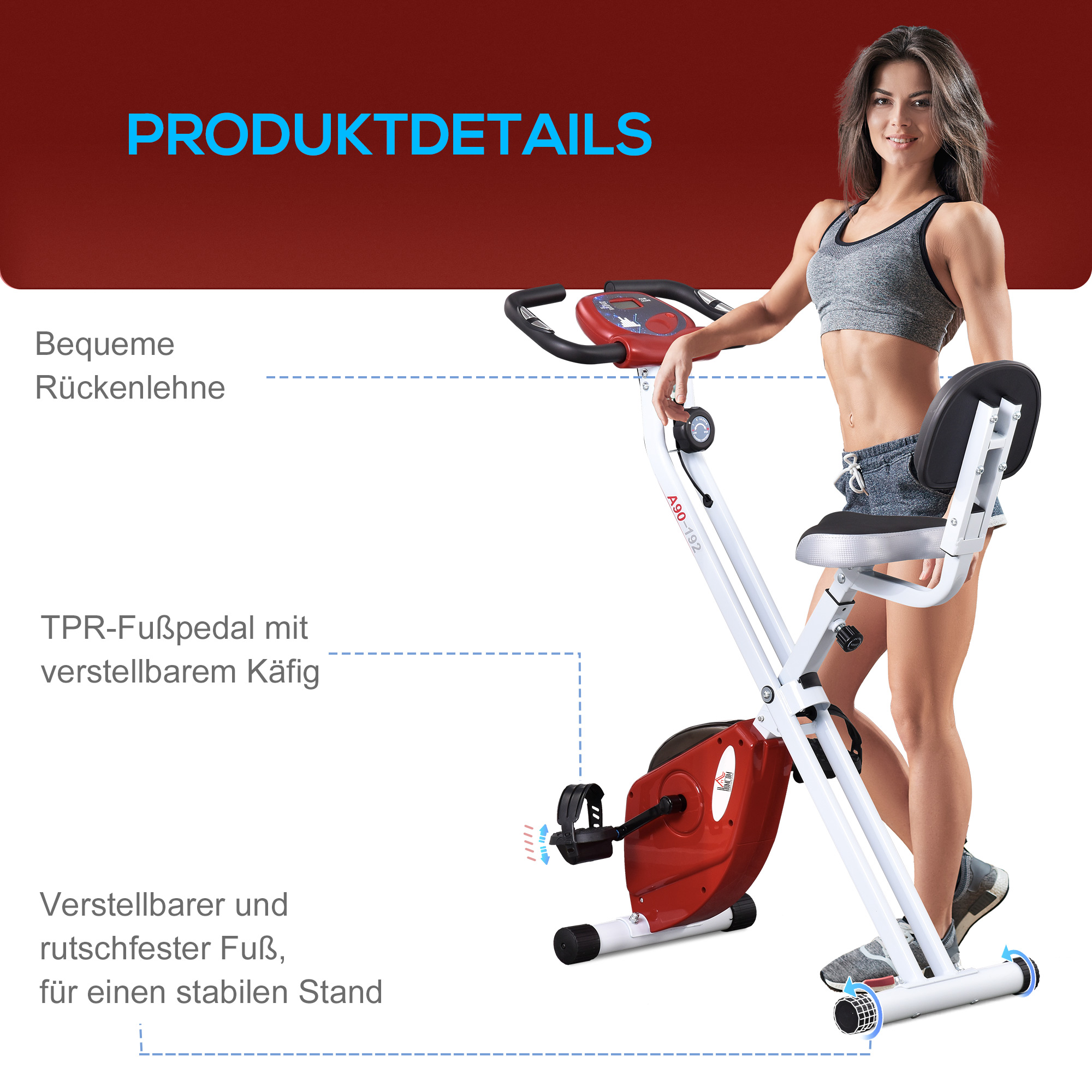 Heimtrainer mit Magnetwiderstand, 8-Stufen, höhenverstellbar, LCD-Display, Rot + Weiß