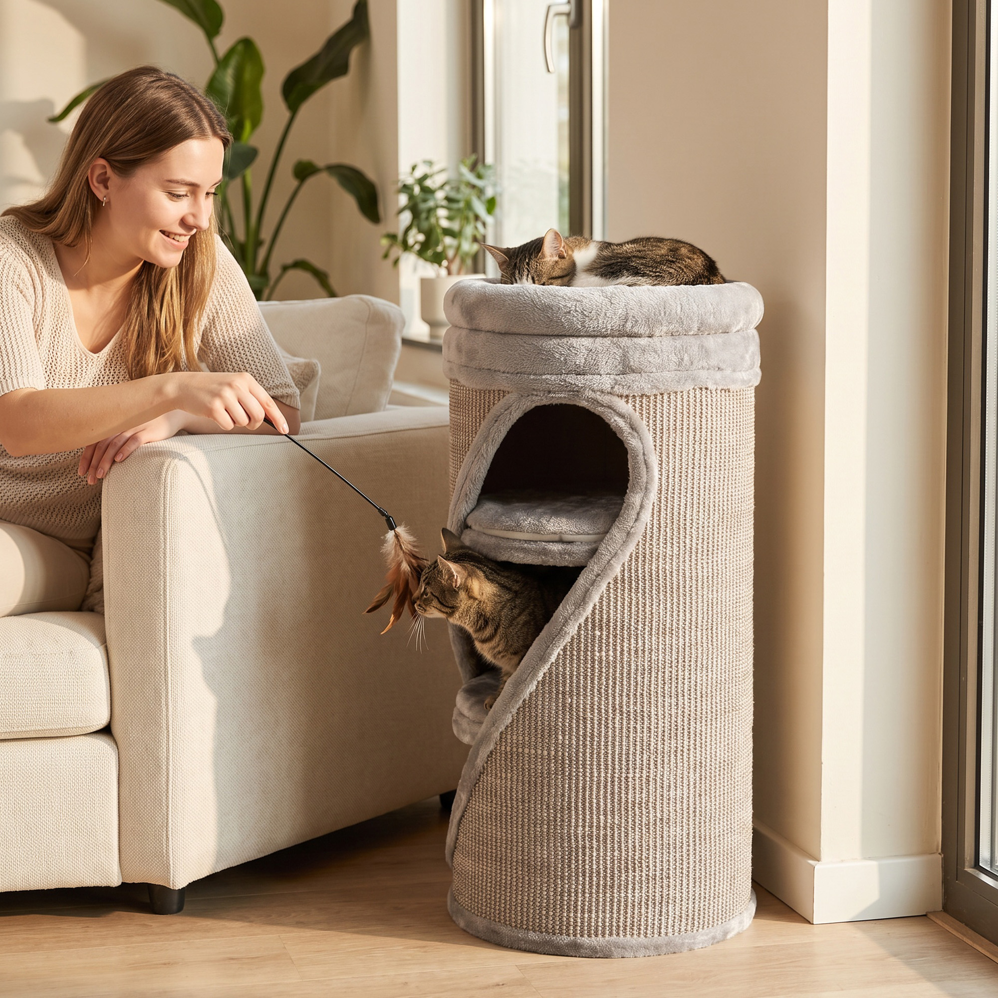 Kratztonne 75 cm Hoch Ø 35 cm 4-Stufige Katzentonne mit 3 Höhlen, abnehmbarem waschbarem Plüschbett Sisal-Kratzfläche