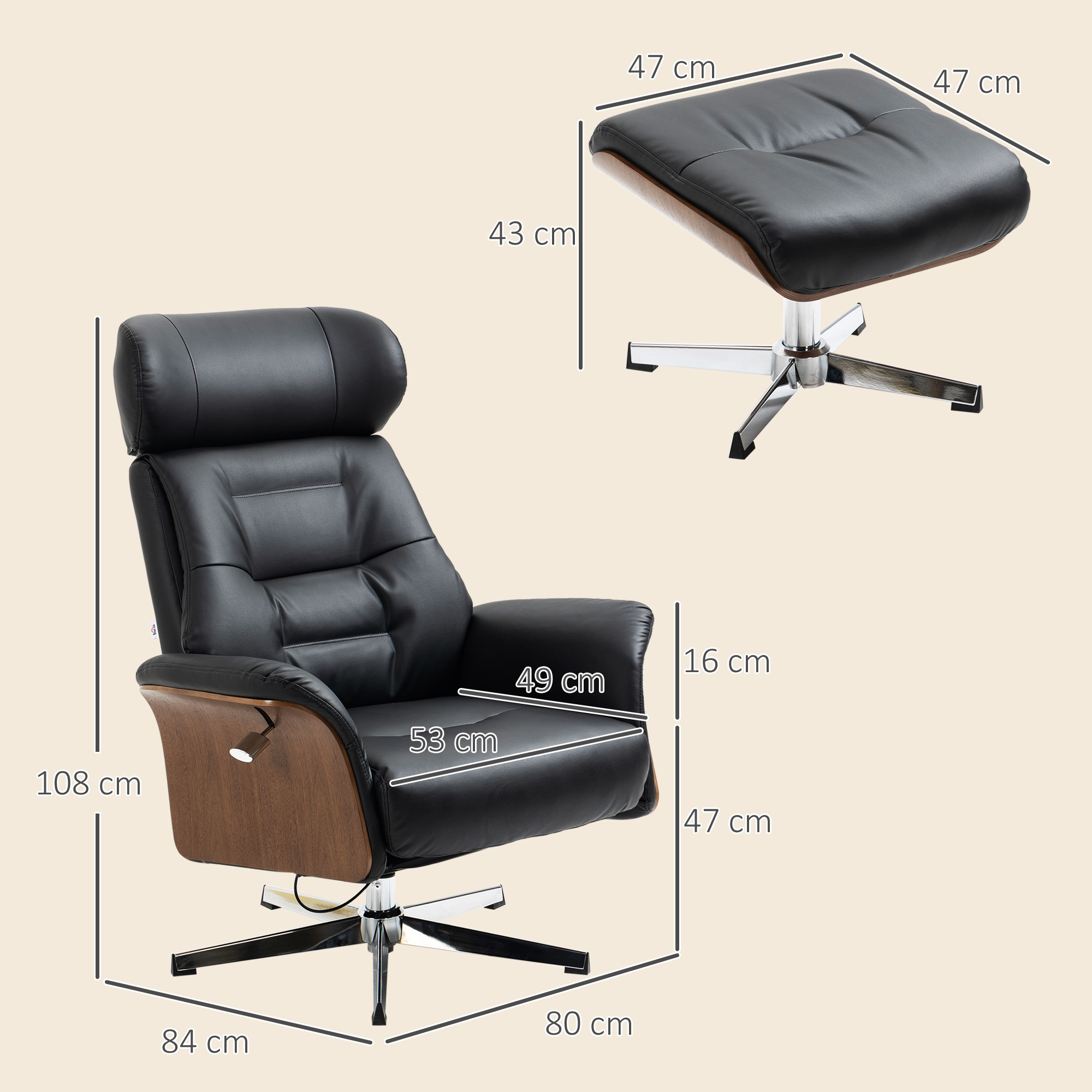 Relaxsessel mit Fußhocker, um 360° drehbar, Liegefunktion, Lesesessel, schwarz, 80 x 84 x 108 cm