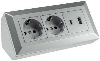 2-fach Steckdosenblock, USB-A+C, silber, 250V~/ 16A, Aufbaumontage, USB 3,1A, PD