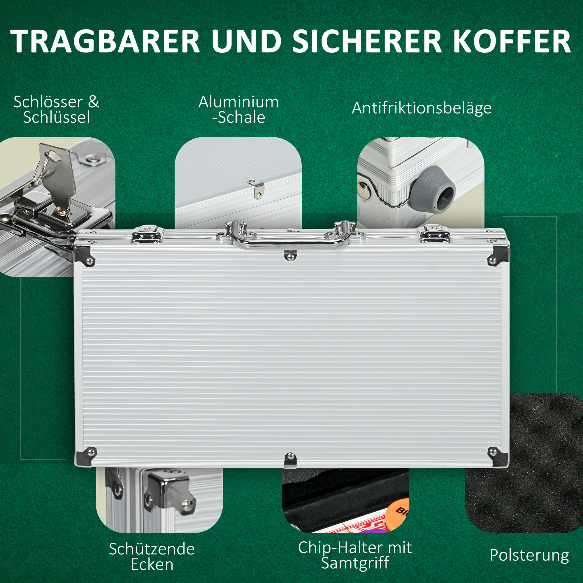 Casinozubehör und Chips Pokerset mit Chips Pokerchip-Koffer, inkl. Unterlage, Set mit 300 Chips, 2 Kartenspielen, 5 Würfeln
