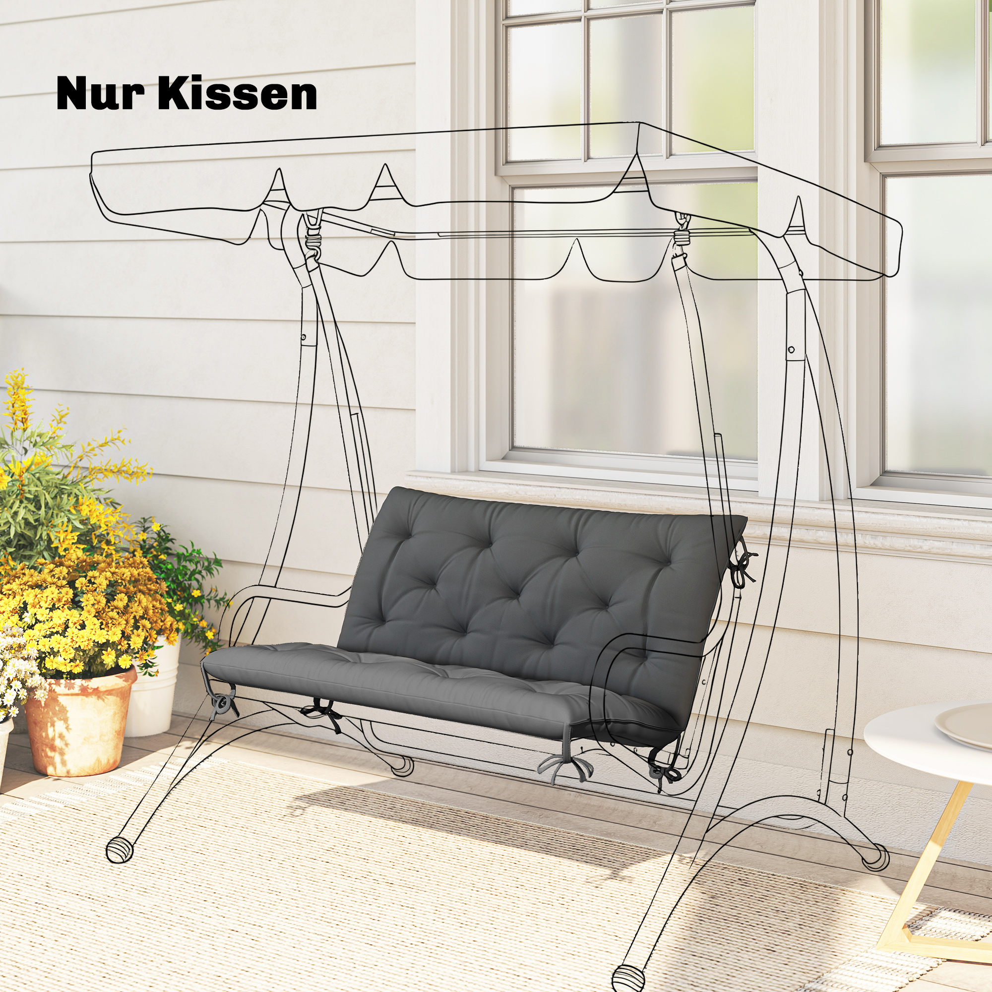 2 Sitzer Bankauflage 100 x 98 x 8 cm Sitzkissen mit Bändern Rückenkissen für Indoor/Outdoor Polster Auflage für Sitzbank Gartenbank Gartenmöbel Hollywoodschaukeln Dunkelgrau