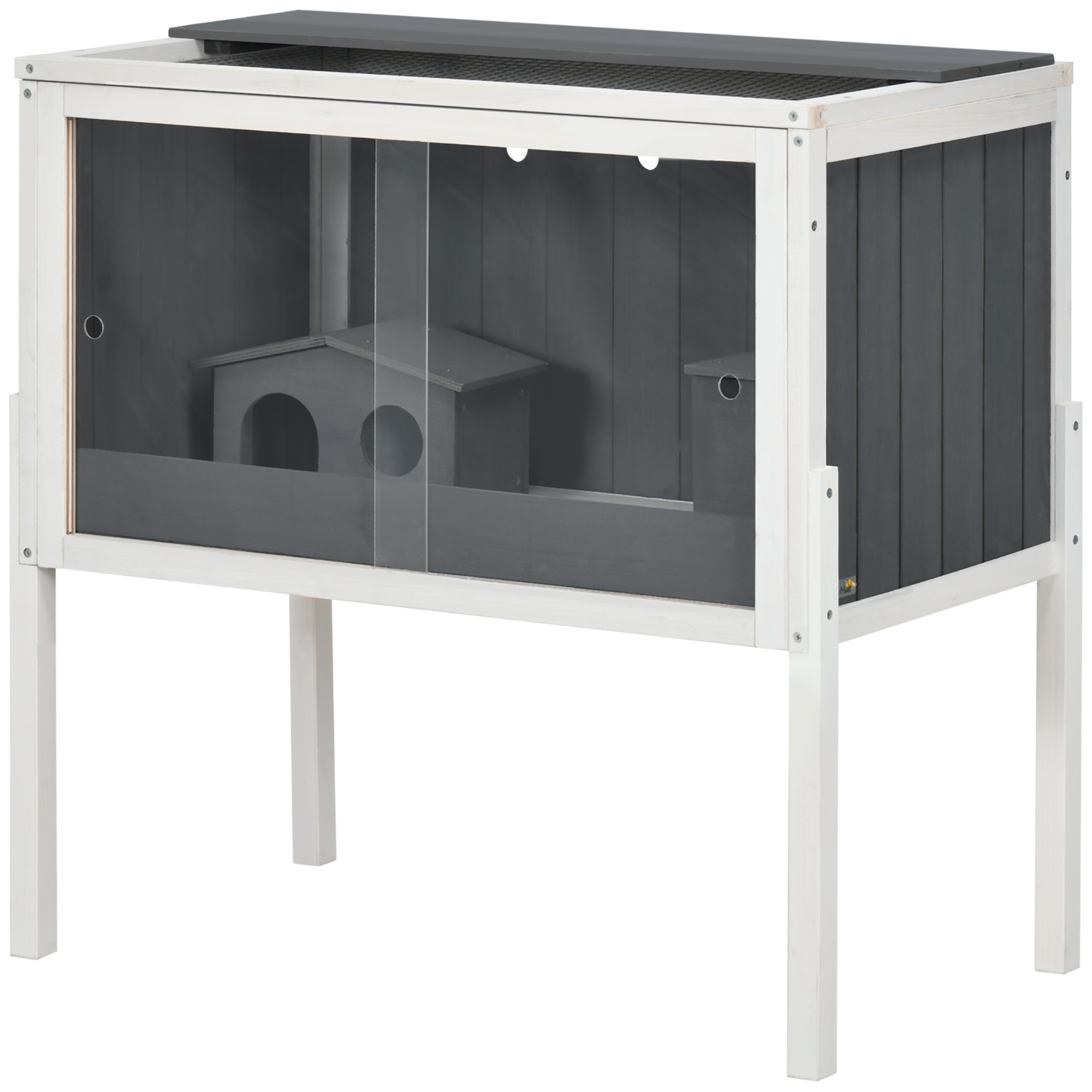 Hamsterkäfig, 3000 cm² Zwerghamsterkäfig aus Holz und Metall, mit 2 Hütten, Acrylschiebetüren, stabil, sicher, Grau+Weiß