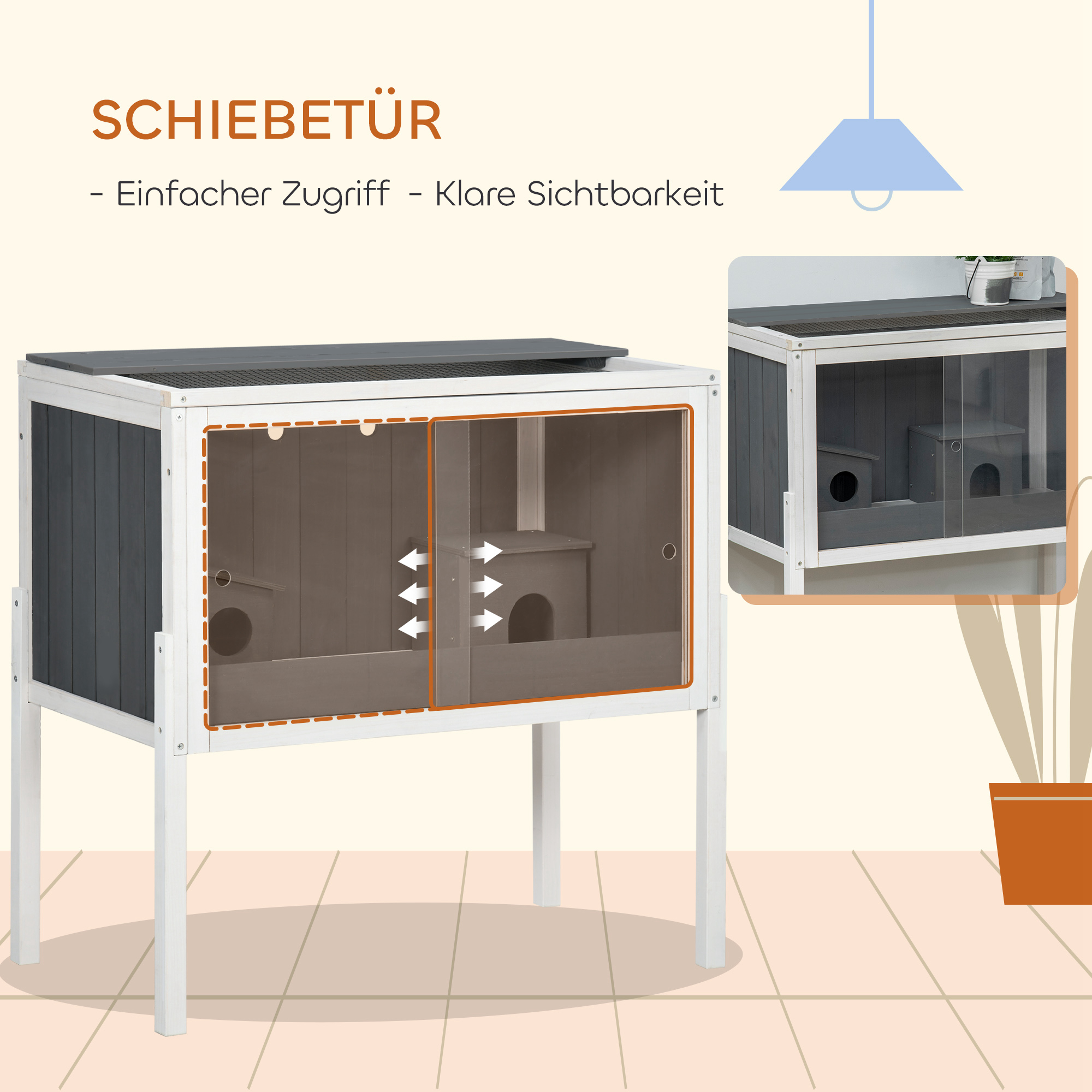 Hamsterkäfig, 3000 cm² Zwerghamsterkäfig aus Holz und Metall, mit 2 Hütten, Acrylschiebetüren, stabil, sicher, Grau+Weiß