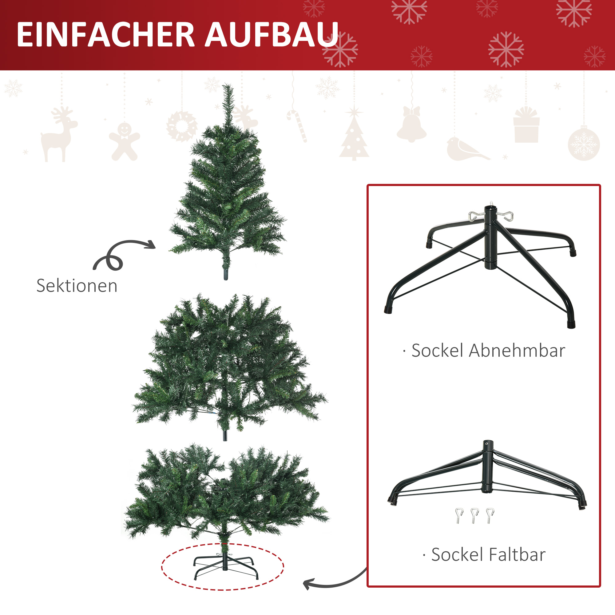 Künstlicher Weihnachtsbaum 180 cm künstlich Tannenbaum mit LED Beleuchtung, Kugeln, Christbaum mit 745 Spitzen, Weihnachtsdeko inkl. Metallständer für Drinnen