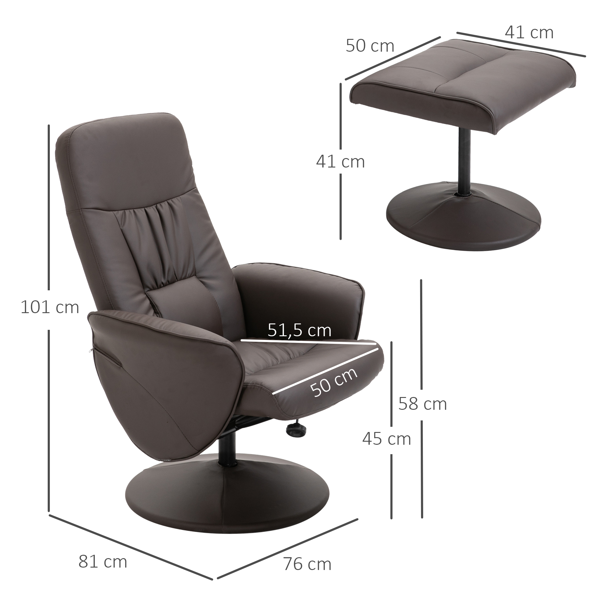 2-teiliges Sessel-Set, Sessel mit Fußhocker, Relaxsessel mit Fußhocker, höhenverstellbar, neigbare Rückenlehne, Braun