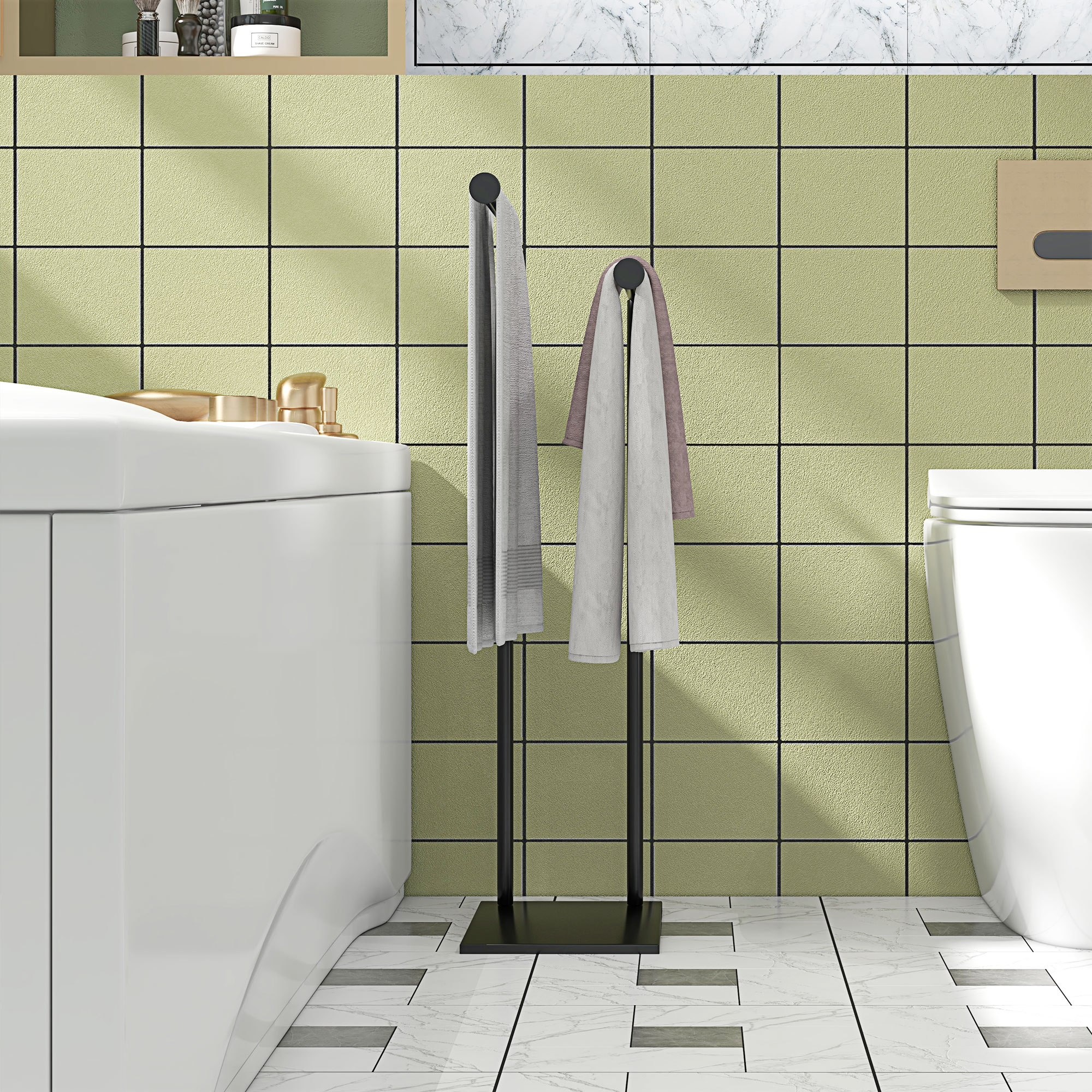 Handtuchhalter Stehend Handtuchständer mit 2 Stangen für Badezimmer, Badetücher Schwarz 35,5 x 20 x 78 cm