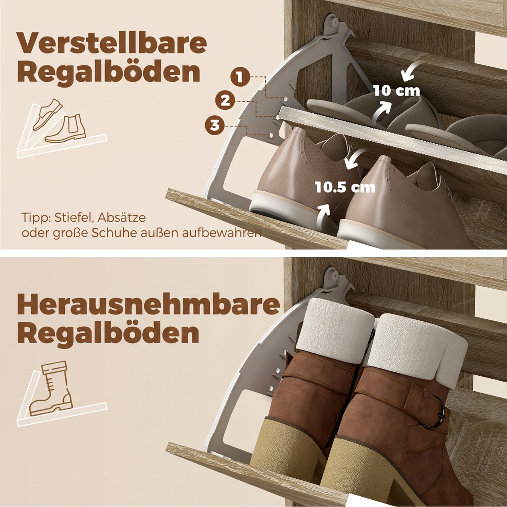 Schuhschrank mit verstellbaren Trennwänden, offenen Fächern und 3 Klappfächern, Naturholz