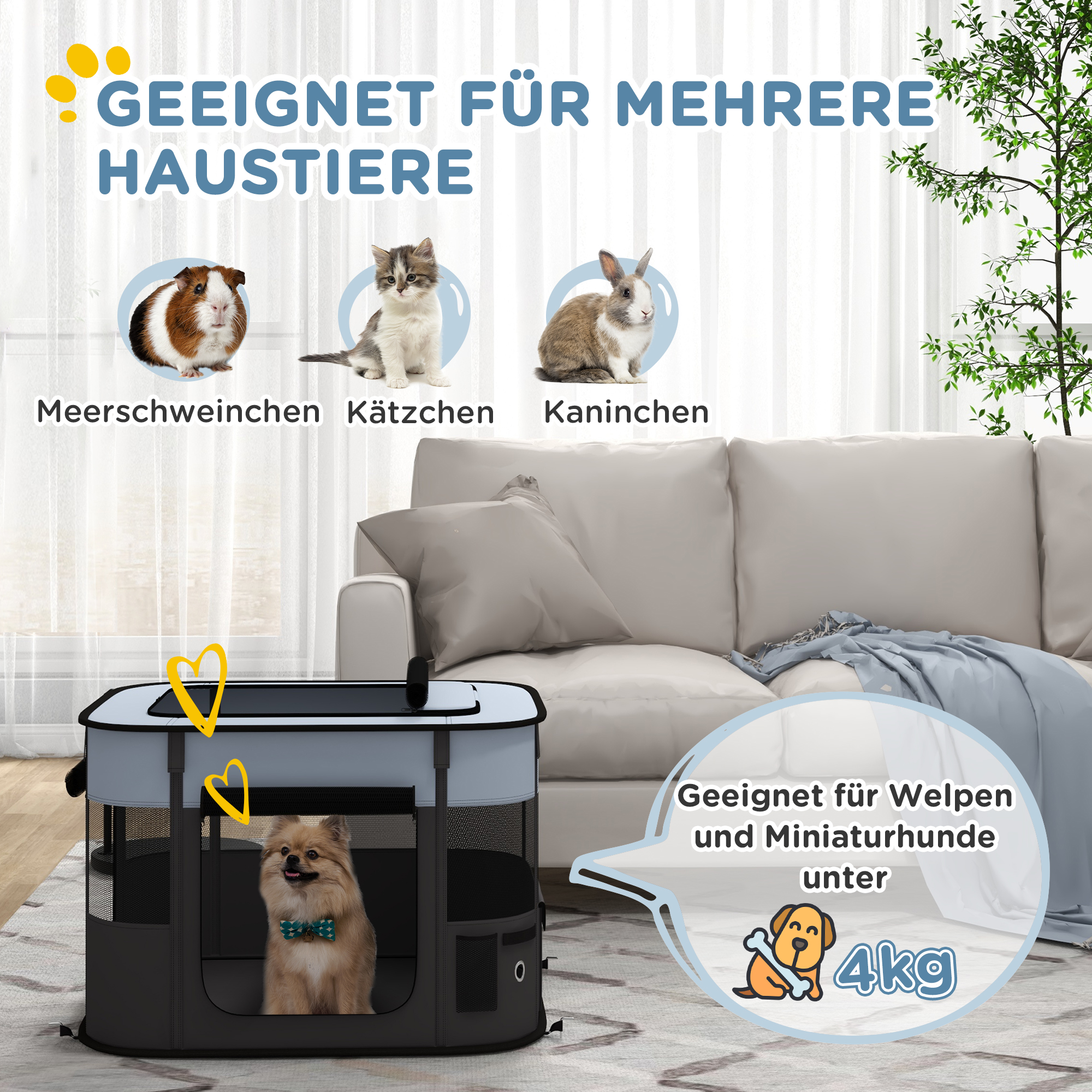 Spielgehege für Haustiere, faltbar, mit Aufbewahrungstasche, für Welpen und Kätzchen, drinnen und draußen, Grau