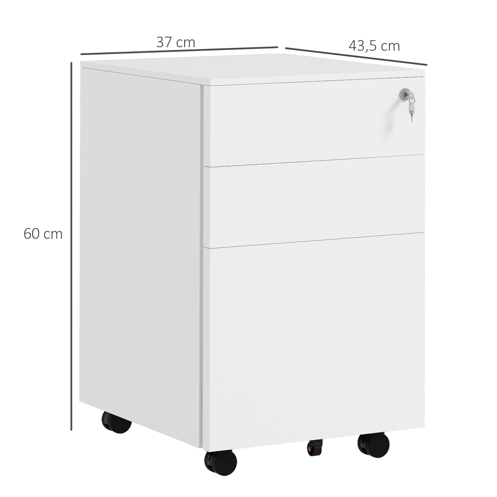 Rollcontainer Aktenschrank, 3 Schubladen, abschließbar, rollbar, 37 cm x 43,5 cm x 60 cm, Weiß