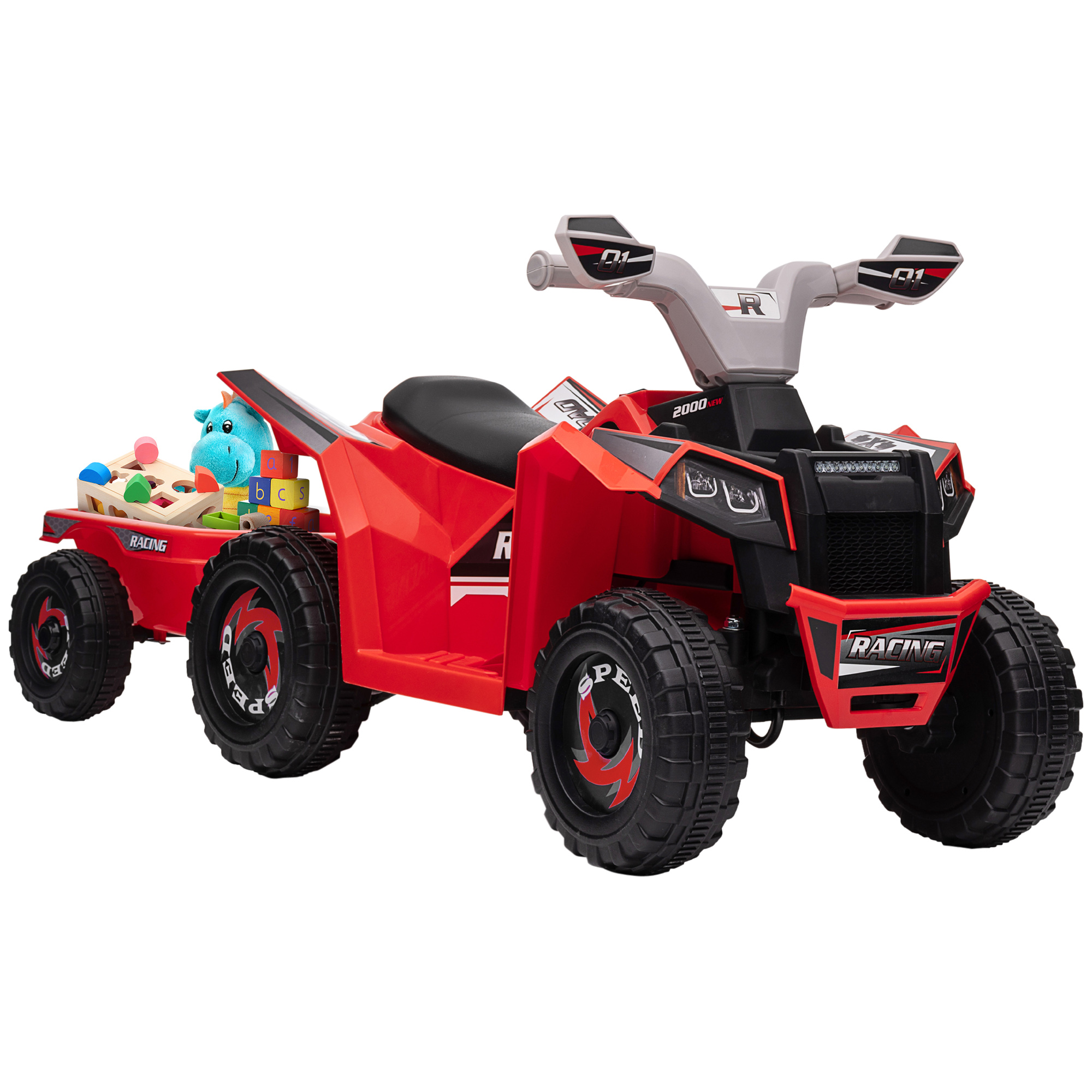 Elektro-Kinderquad mit Anhänger, 2,5 km/h, 50 Minuten Fahrtzeit, für 1,5 bis 3 Jahre, bis 25 kg, Rot