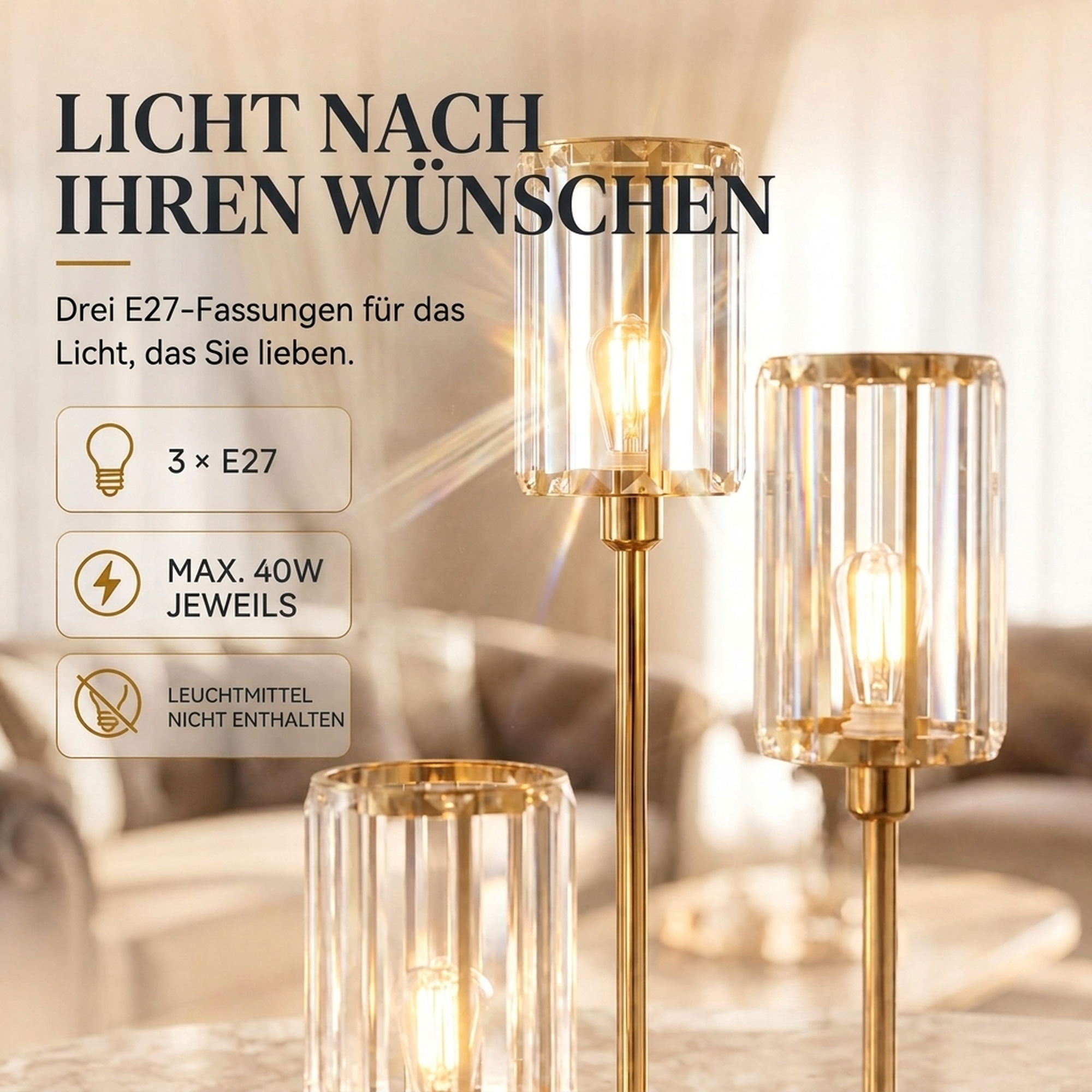 Stehlampe mit Regal mit 3-flammigen Glasschirmen Stehleuchte mit Glastisch 177 cm Gold