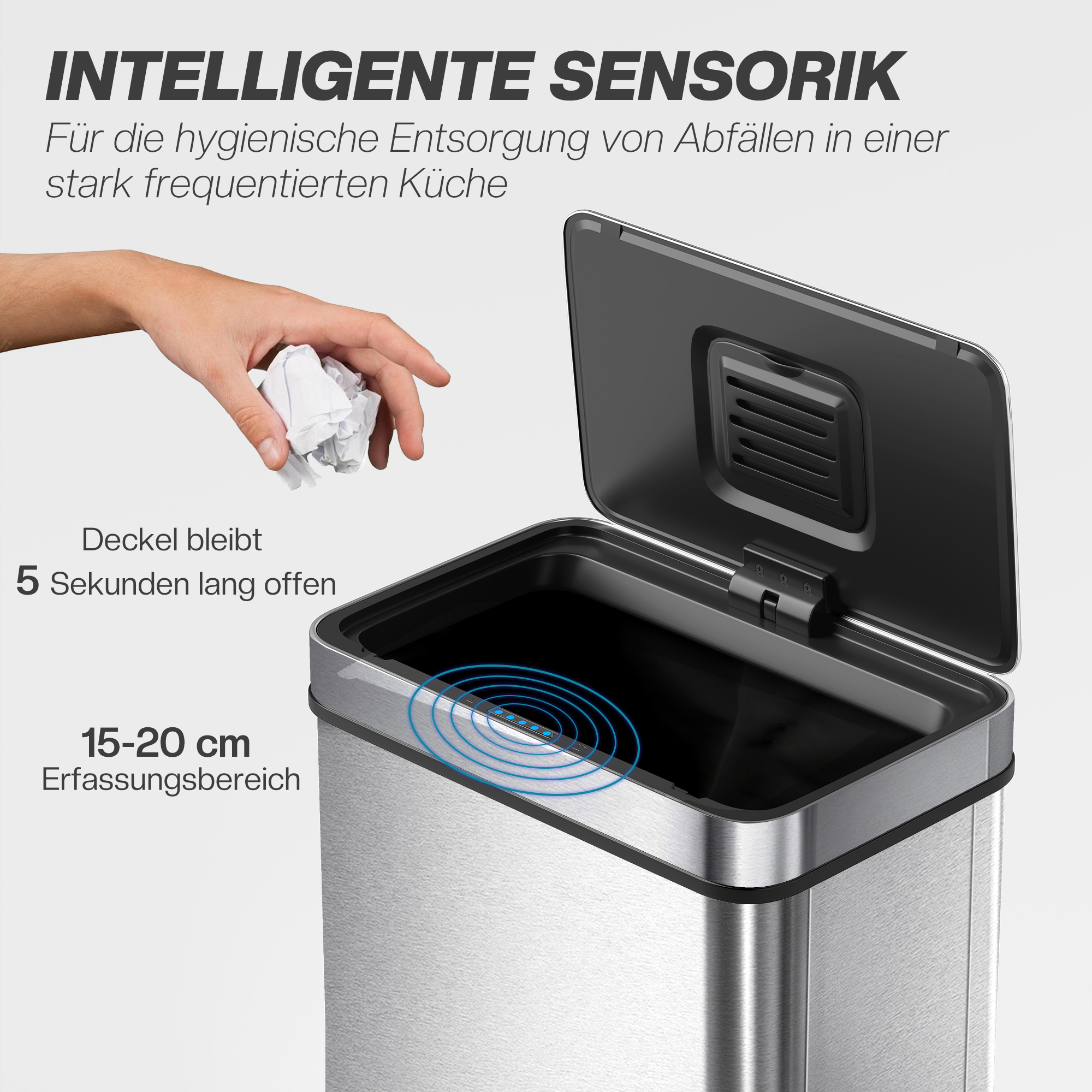 60 L Sensor-Mülleimer, automatischer Deckel, Edelstahl, vielseitig einsetzbar, Silberfarben
