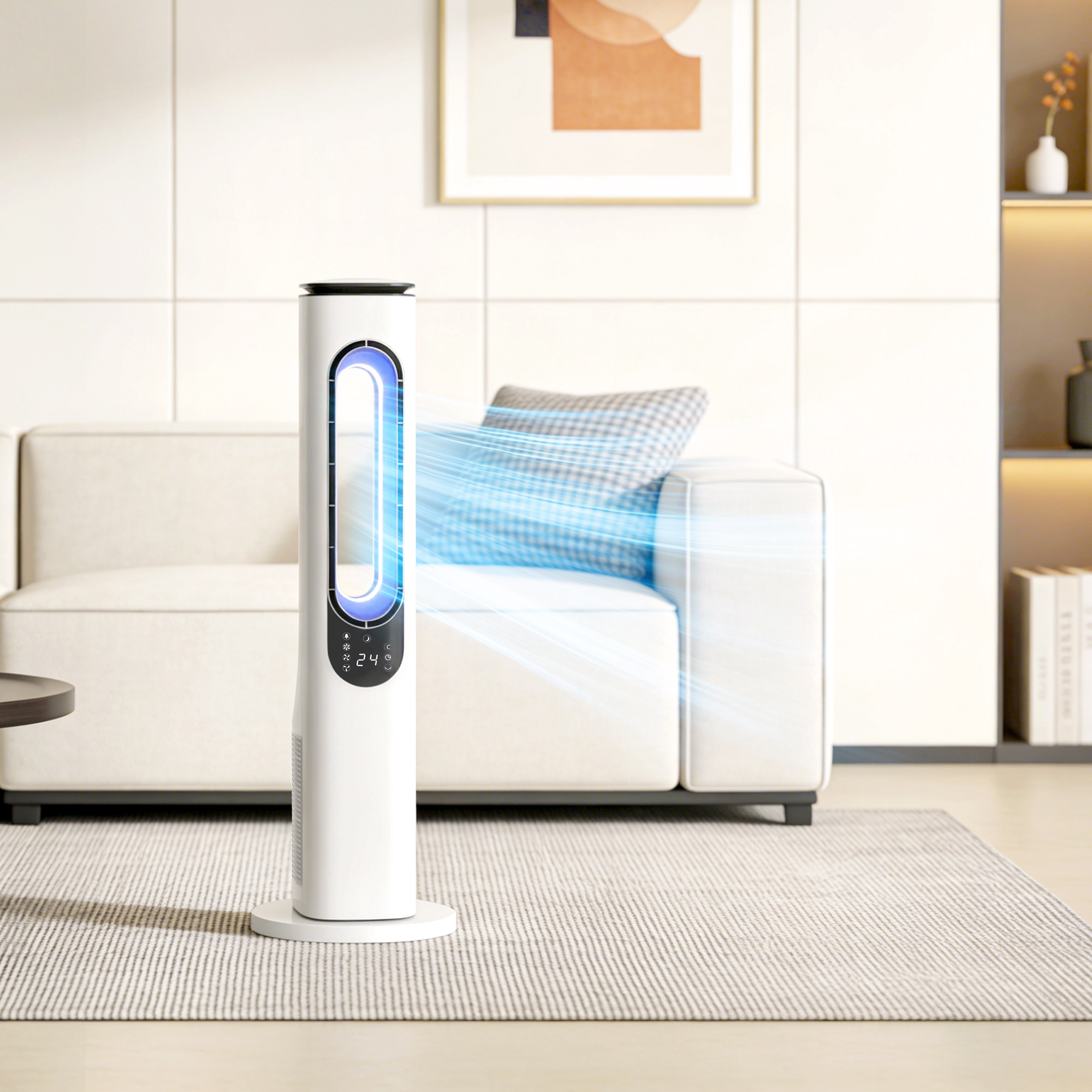 rotorloser Turmventilator für Schlafzimmer, 35 dB leiser Standventilator mit 50° Oszillation, LED-Leuchten, 3 Geschwindigkeiten, 15-Stunden-Timer, Weiß