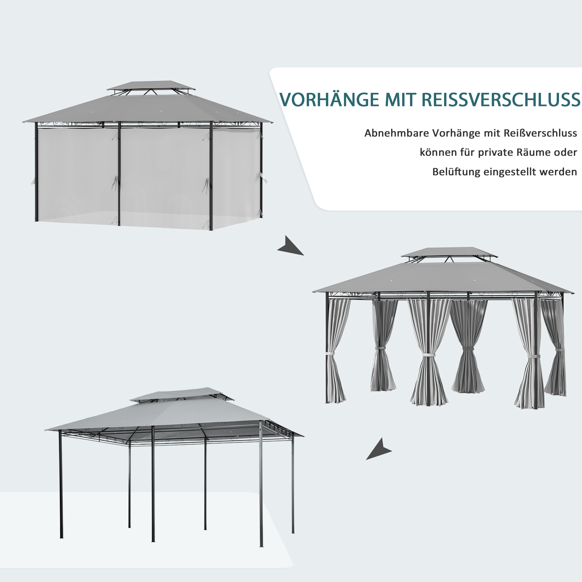 Pavillon 3x4m Gartenpavillon mit 6 Seitenteilen Partyzelt Gartenzelt Festzelt mit Doppeldach Dunkelgrau