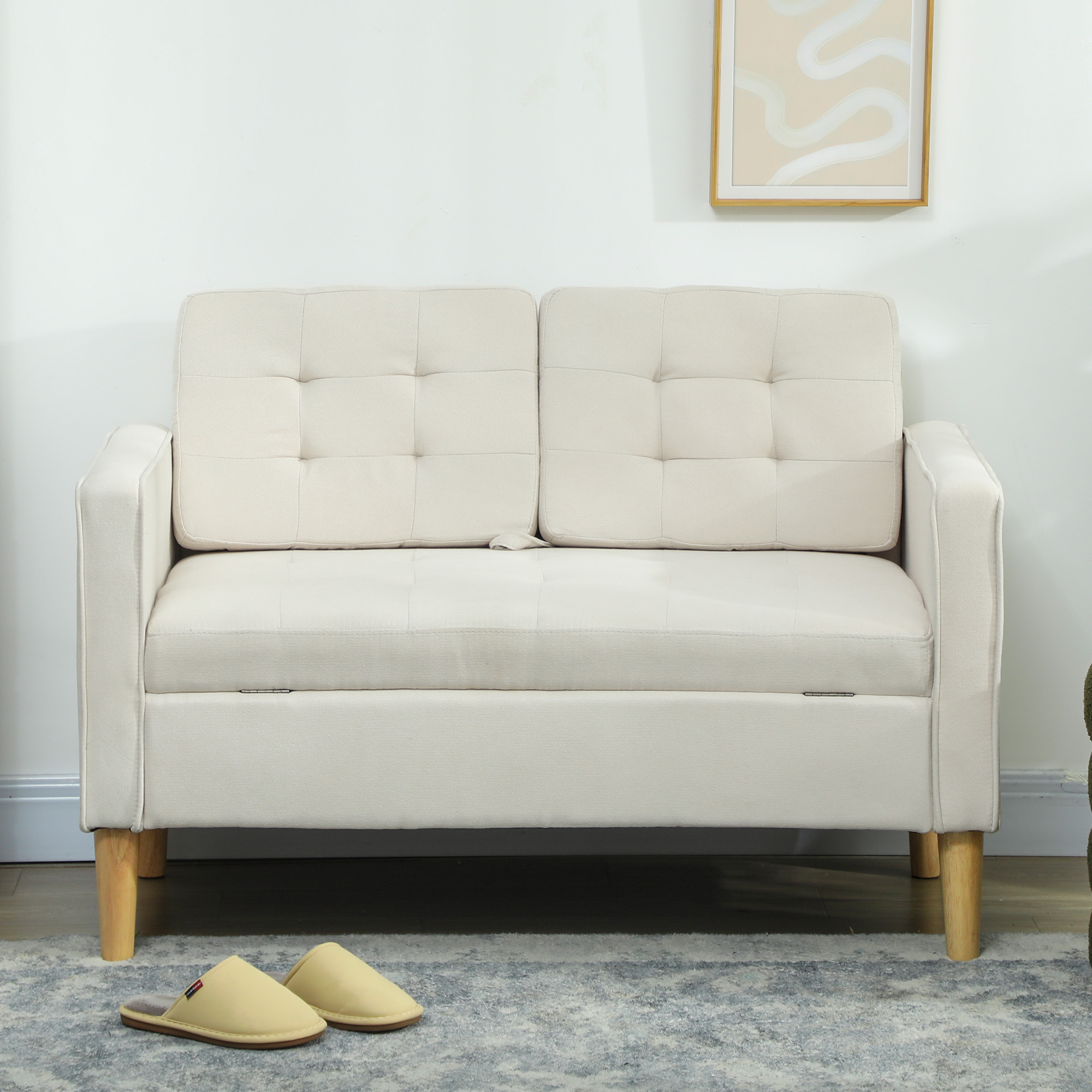 Zweisitzer-Sofa mit Stauraum, Knopfheftung, Kissen, Kautschukbaumholz, 117x62x78cm, Cremeweiß