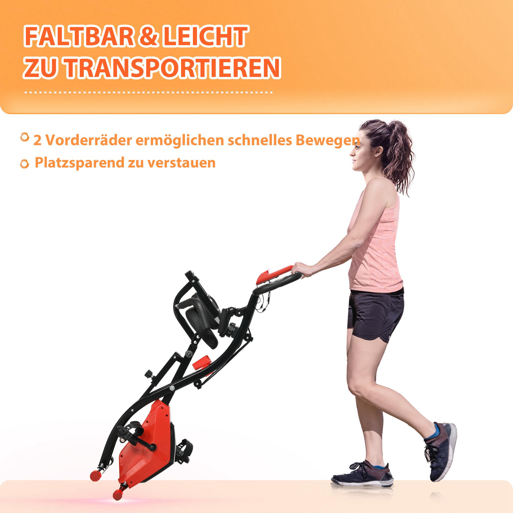 Heimtrainer 2-in-1 Fahrradtrainer mit LCD-Display Pulsmesser verstellbar Sitz Räder, klappbarer Hometrainer Trimmrad mit 8 stufig Magnetwiderstand, Spannseil, Stahl