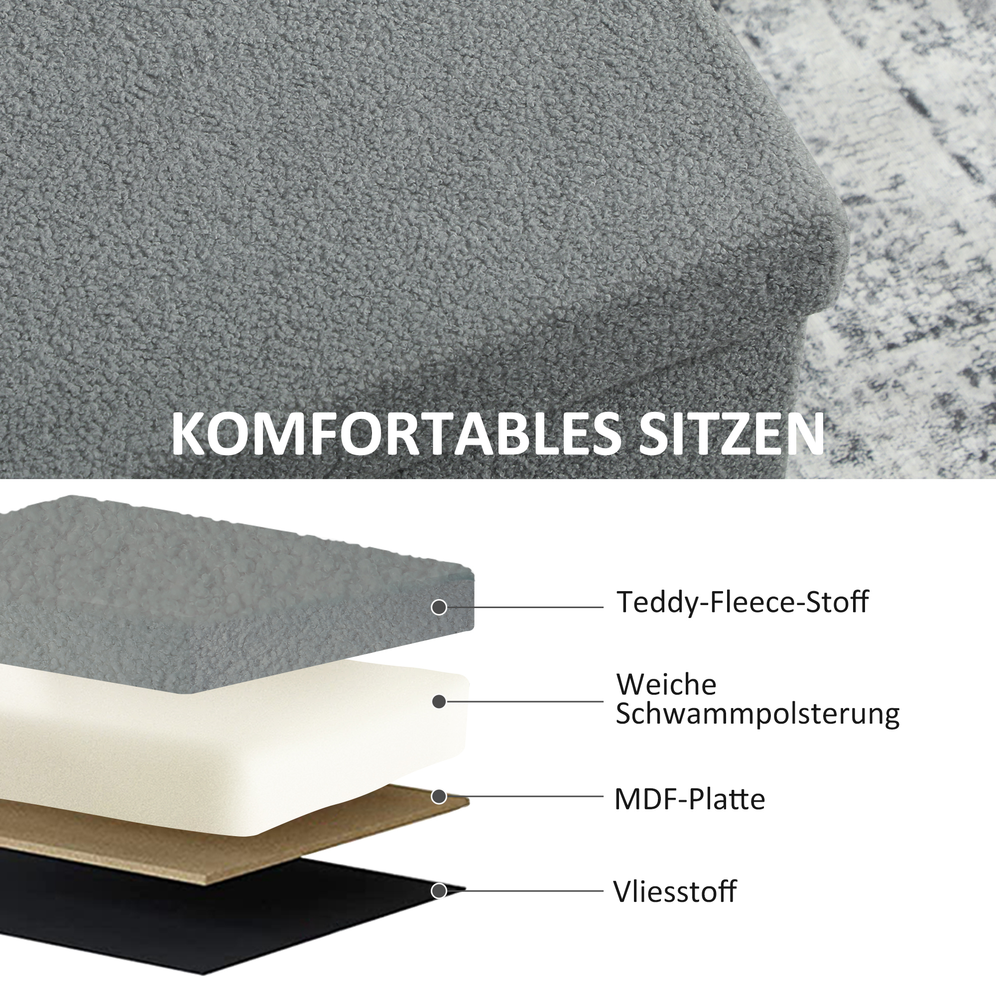 Aufbewahrungshocker, Polsterbank mit Stauraum und Deckel für Wohnzimmer, Schlafzimmer, Flur, Dunkelgrau