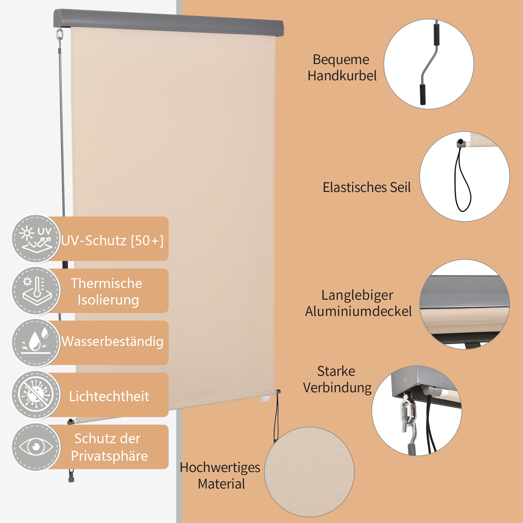 Senkrechtmarkise Balkonmarkise Vertikalmarkise Windschutz Seitenrollo Sichtschutz mit Handkurbel Polyesterstoff+Aluminium Cremeweiß 200 x 120 cm
