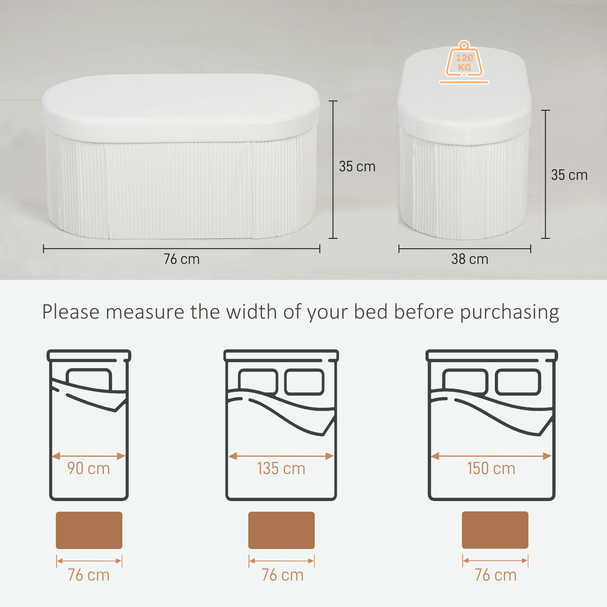 Sitzbank mit Stauraum Klappbar Polsterbank mit Samt-Optik für Wohnzimmer 76 x 38 x 35 cm Creme