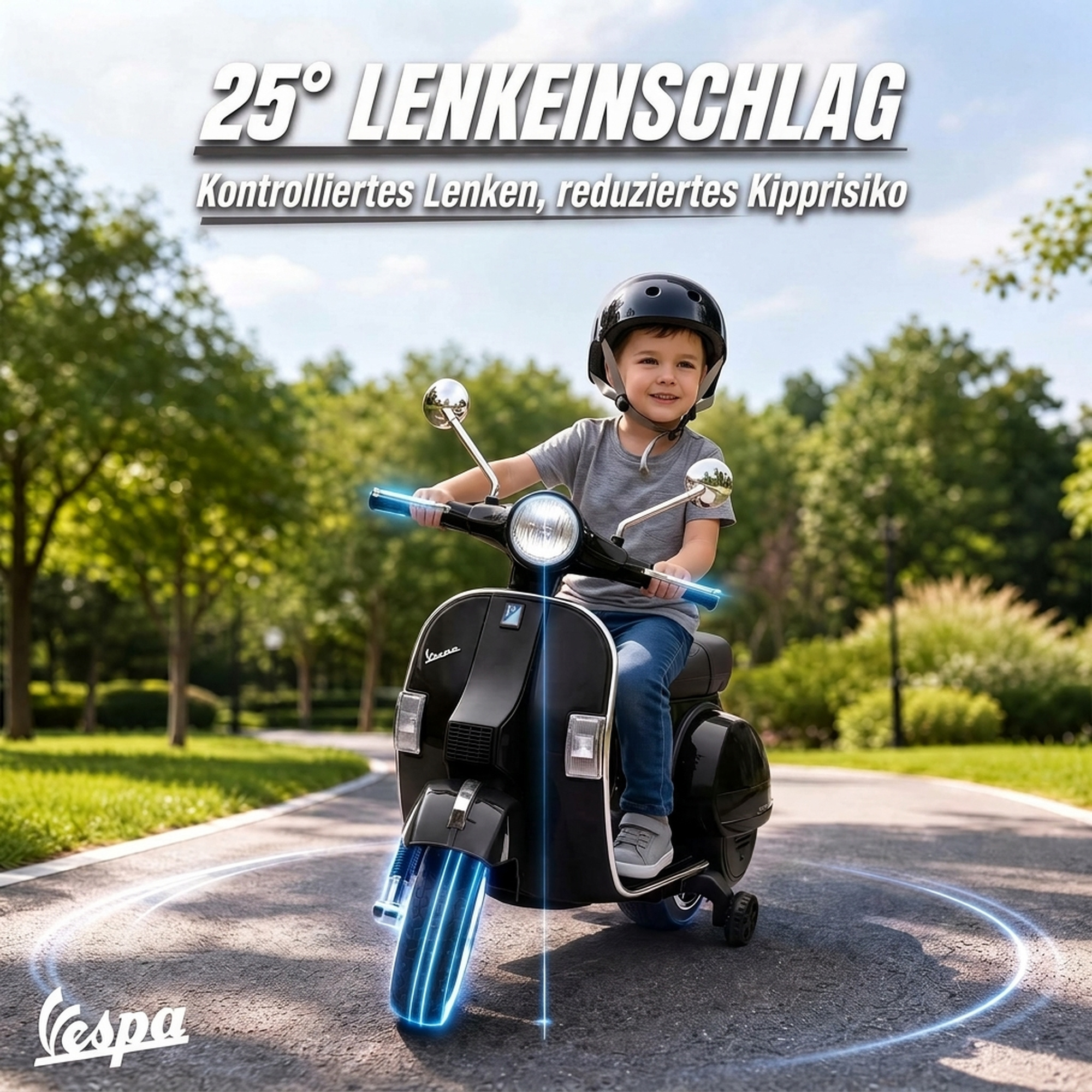 Elektro Motorrad Kinder Vespa PX150 12V Elektromotorrad mit Lithium Akku 35W 2 Motoren 25° Lenkbegrenzung für 3-6 Jahre