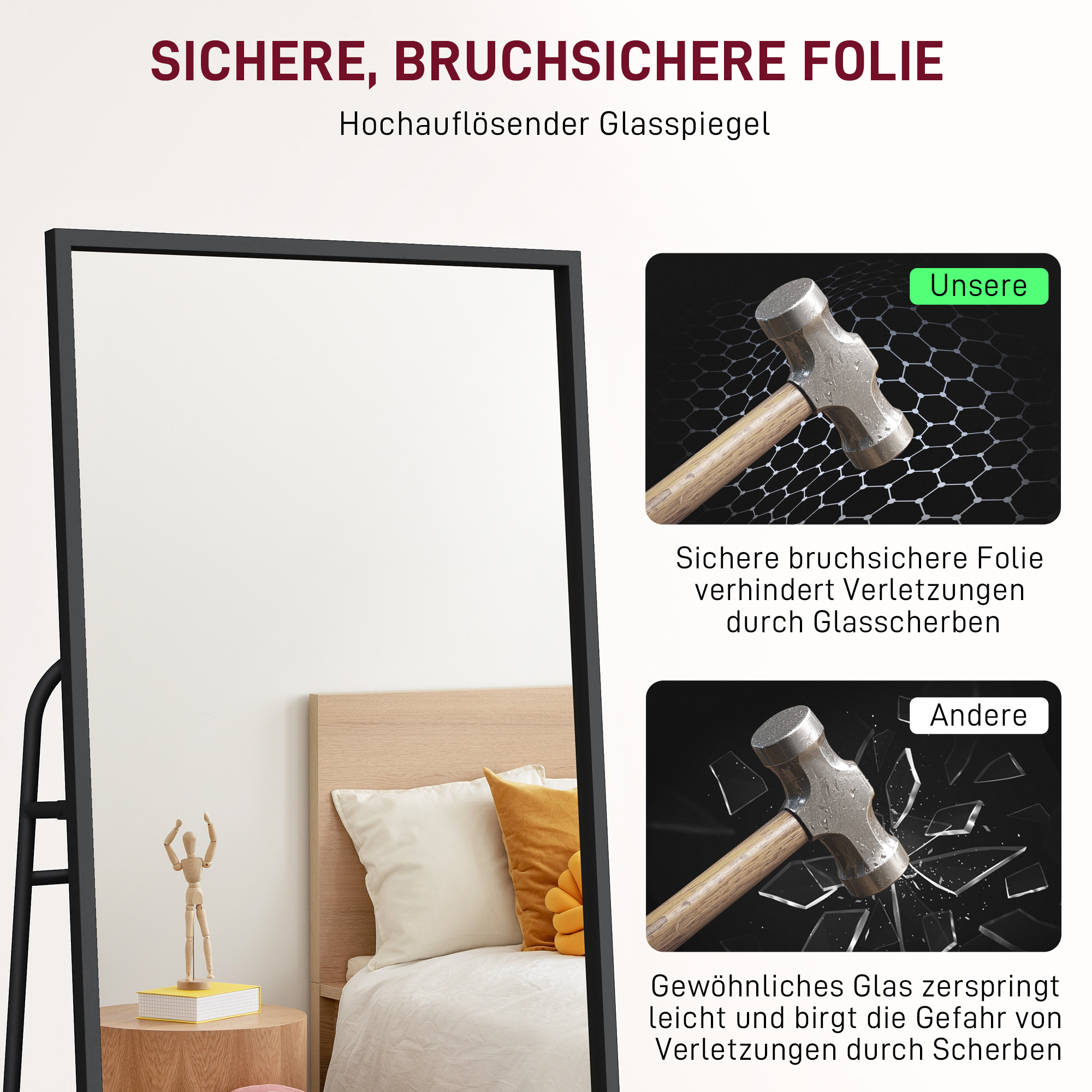 Ganzkörperspiegel, industrielles Design, hinteres Regal, 2 Haken, Metallrahmen, für Schlafzimmer, 157 x 50 cm, Schwarz