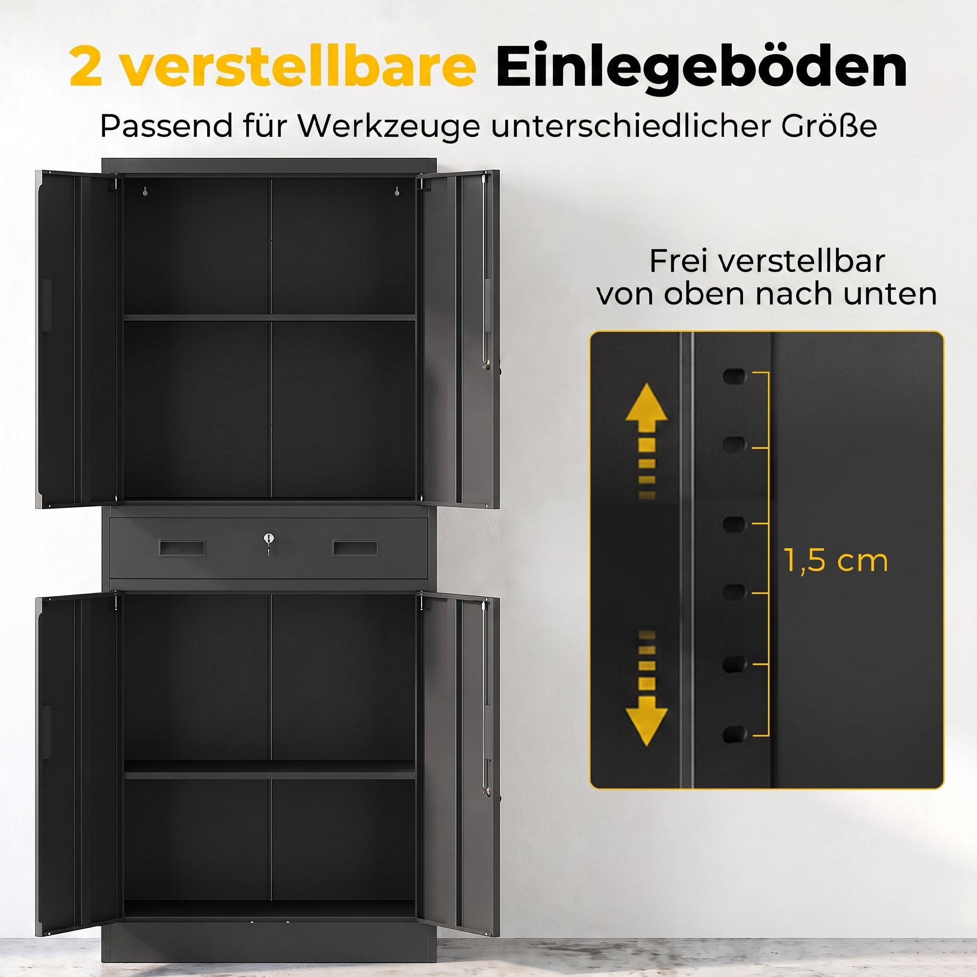 Metallschrank 180 cm, Werkzeugschrank mit abschließbaren Türen, Schublade und verstellbaren Böden, Schwarz