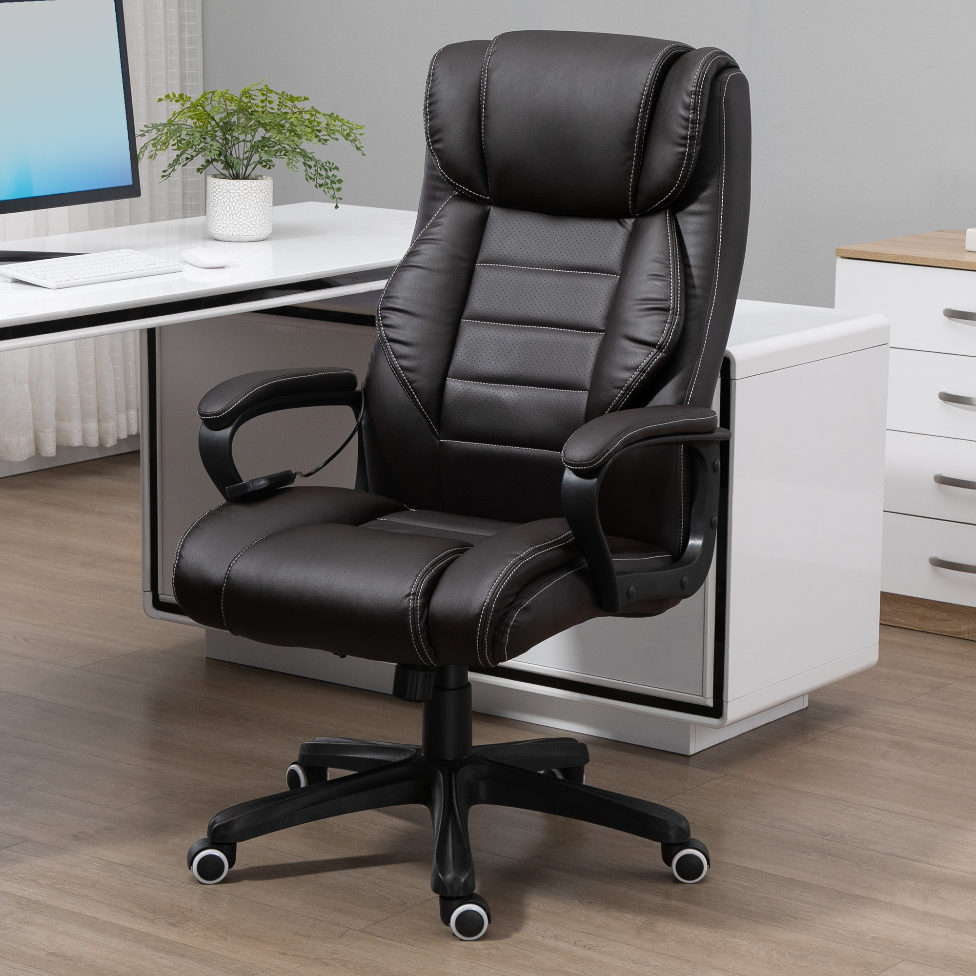 Bürostuhl mit Massagefunktion, höhenverstellbarer Chefsessel, ergonomischer Drehstuhl, 6 Vibrationspunkte, Braun