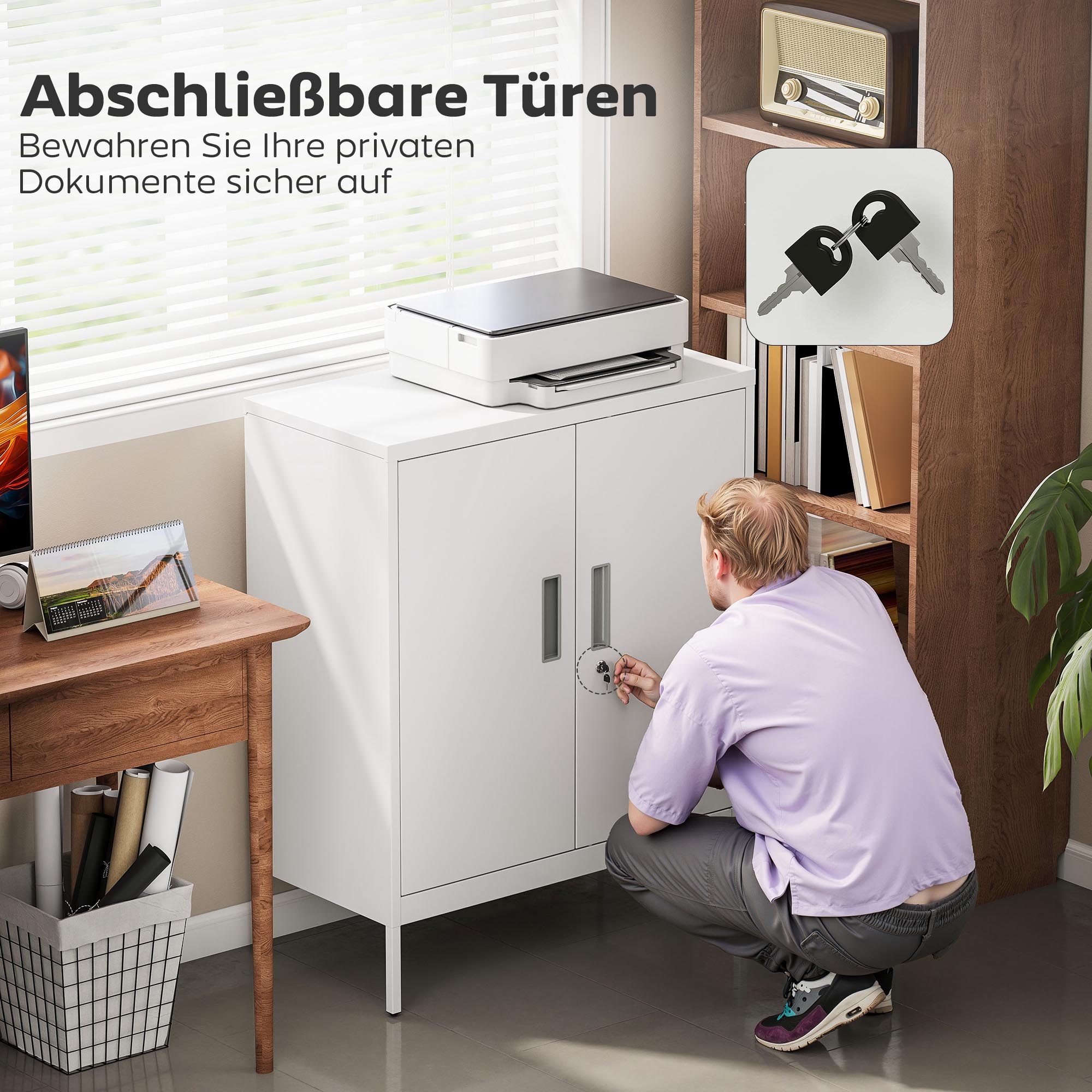 verschließbarer Stahlschrank mit 2 Türen, Büroschrank, verstellbare Regale, für Homeoffice, Wohnzimmer, Garage, Weiß