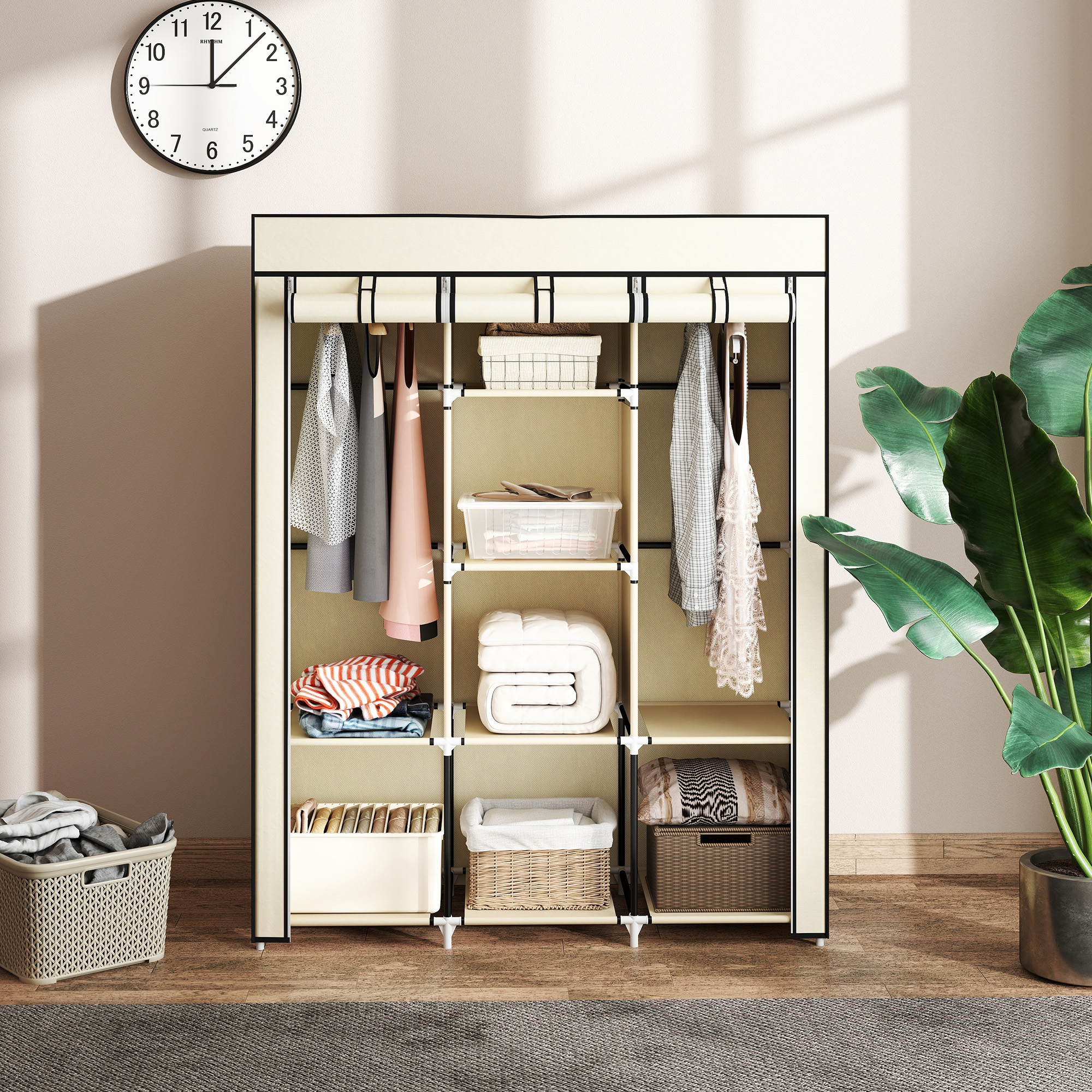 Schrank aus Stoff, Aufbewahrungslösung, 8 Regale, 2 Kleiderstangen, Cremeweiß