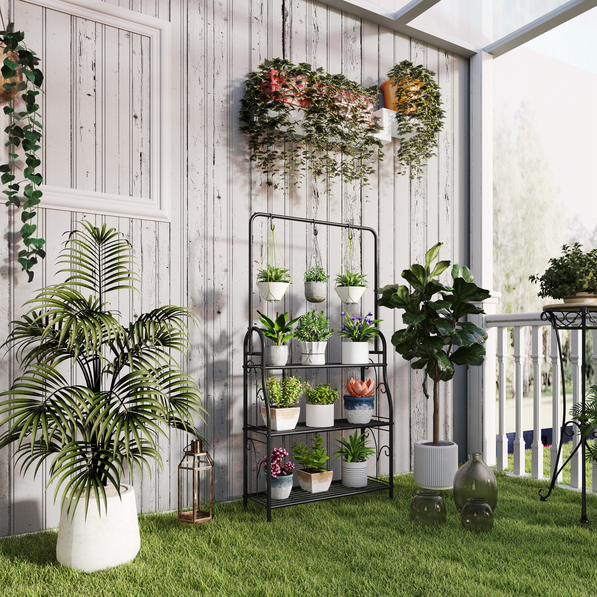 Blumenregal, 3-stufiges Pflanzenregal mit Hängehaken, Metallregal für Blumentöpfe, Indoor- und Outdoor-tauglich, Schwarz