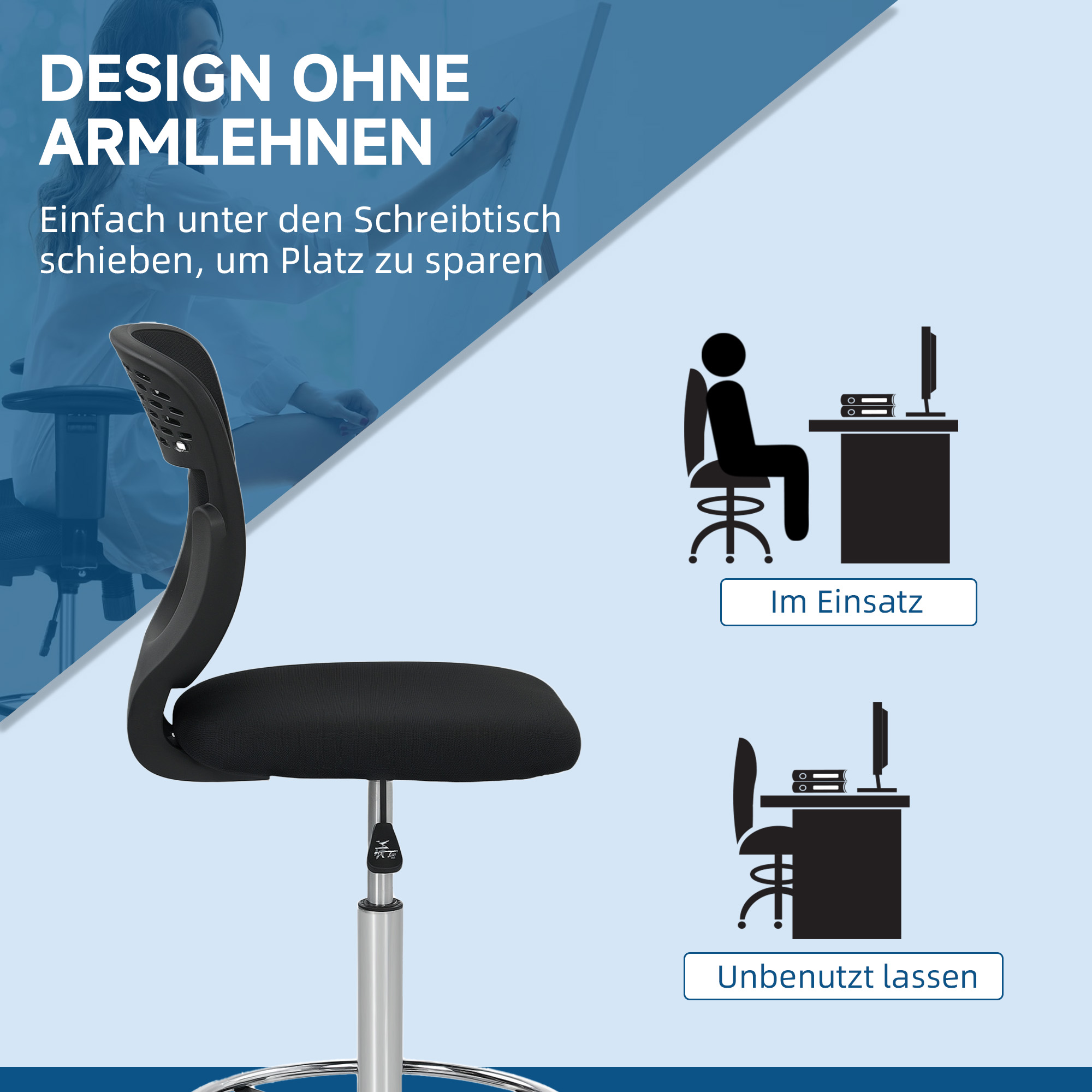 Bürostuhl, Arbeitsstuhl, Schreibtischstuhl, höhenverstellbar, gepolstert, Schwarz