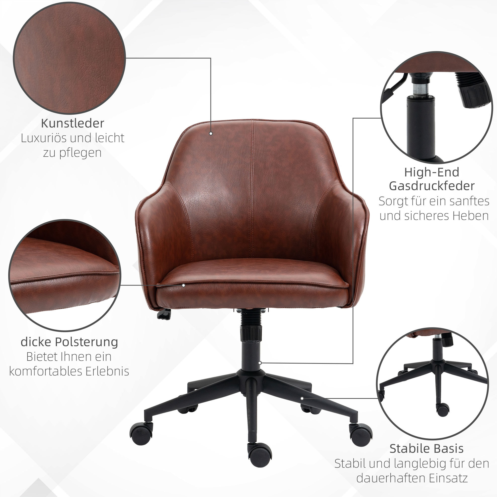 Bürostuhl, höhenverstellbar, Drehfunktion, 58,5 cm x 62 cm x 91 cm, Braun