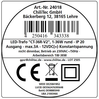 LED-Trafo "CT-36E", 1,0-36W, rund, Ein 220-240V, Aus 12V= Konstantspannung