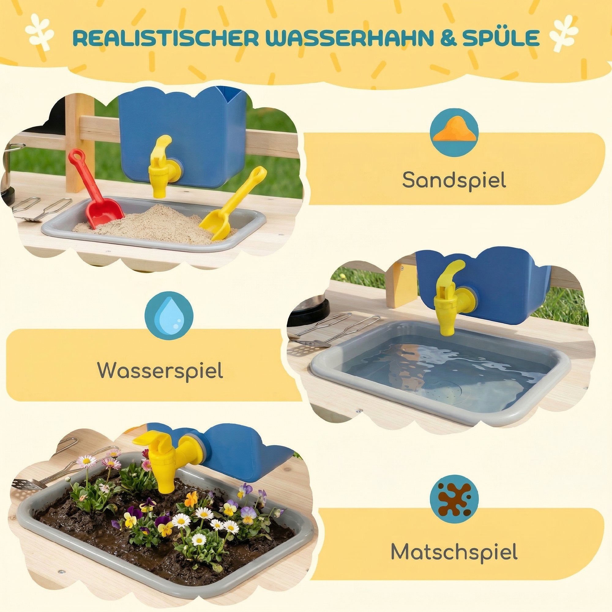 Matschküche Kinder Outdoor, Spielküche aus Holz mit echtem Wasserhahn, Spüle, Herd, Ablagefach, Wassertank, Naturholz