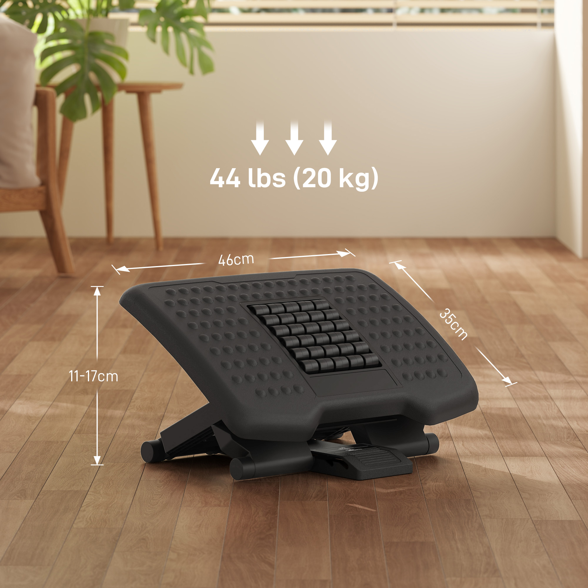 Ergonomische Fußstütze, höhenverstellbar, Massagefläche mit Rollen, Schwarz, 46 x 35 cm