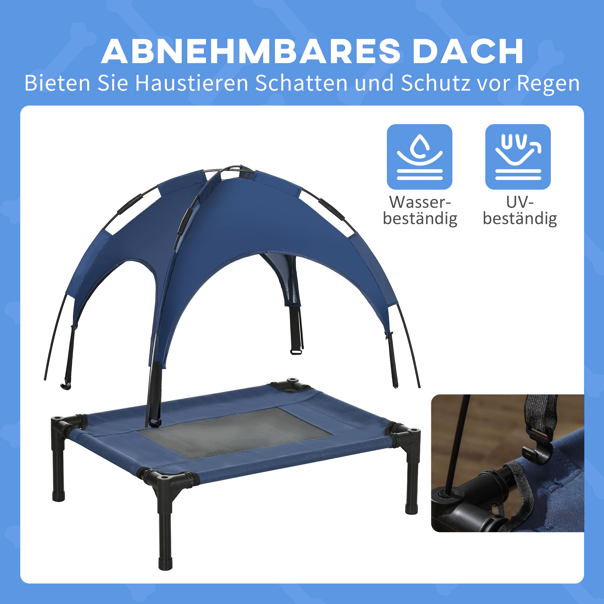 Haustierbett Outdoor-Hundebett, wetterbeständig, mit Baldachin, 61cm x 46 cm x 62 cm, Blau + Schwarz
