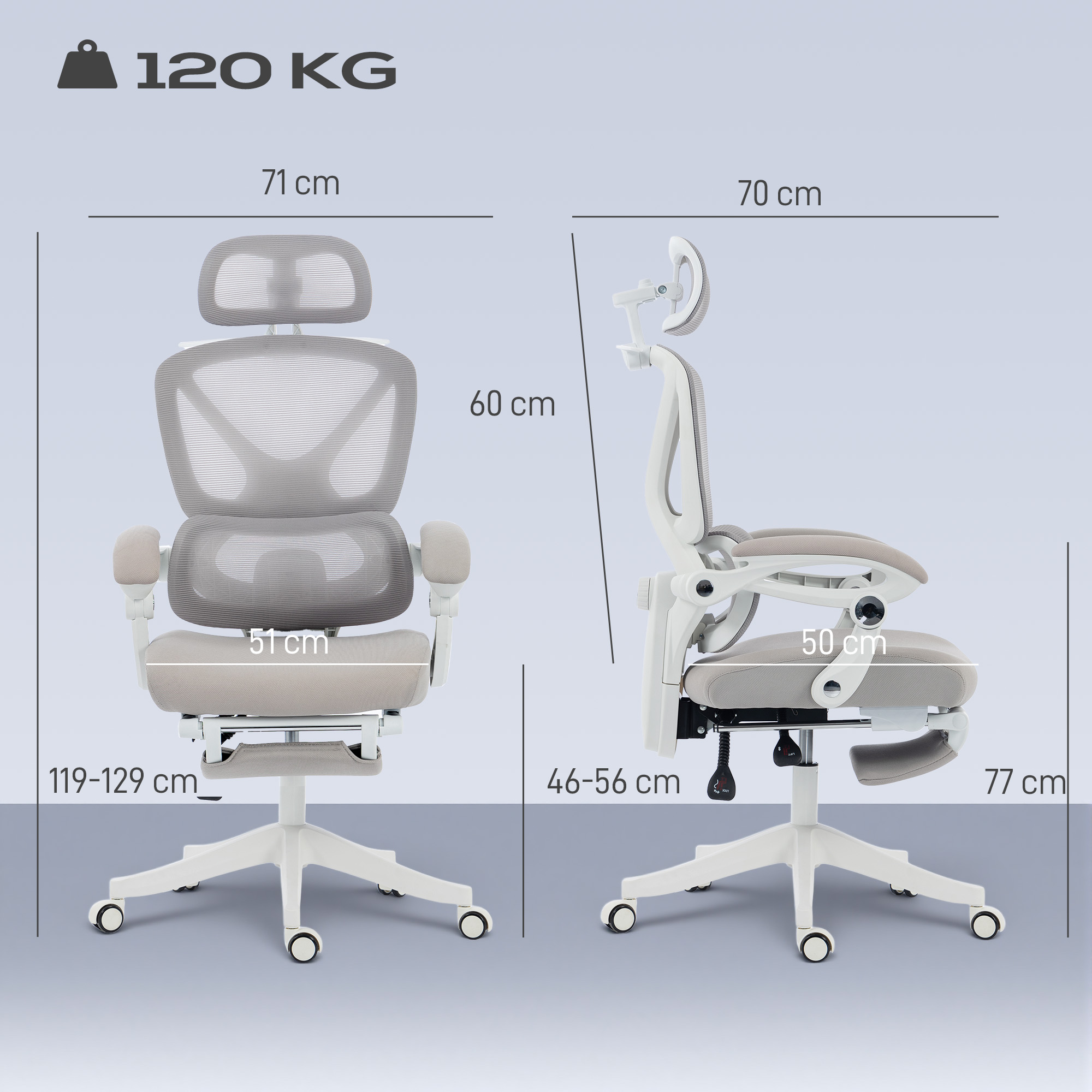 Bürostuhl, Ergonomischer Schreibtischstuhl mit Fußstütze, Wippfunktion, Armlehne, Netzstoff, Grau